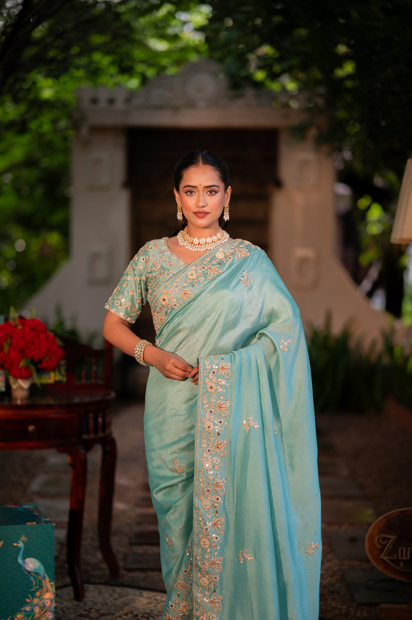 Morning Blue Pure Silk Saree with Aari Zardozi and Gota Patti Work