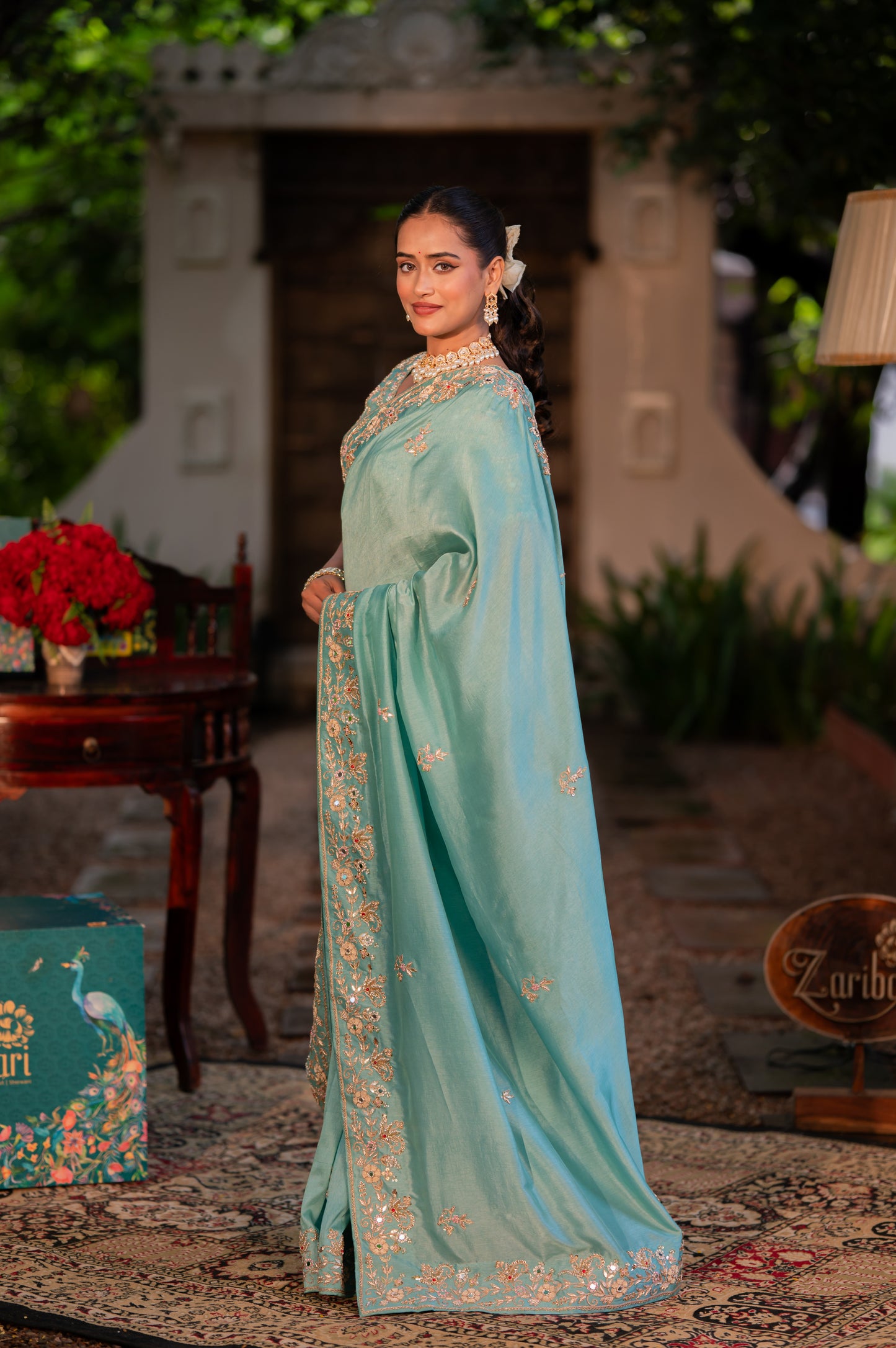 Morning Blue Pure Silk Saree with Aari Zardozi and Gota Patti Work