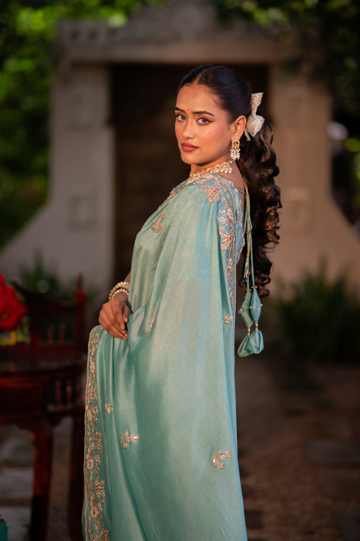 Morning Blue Pure Silk Saree with Aari Zardozi and Gota Patti Work