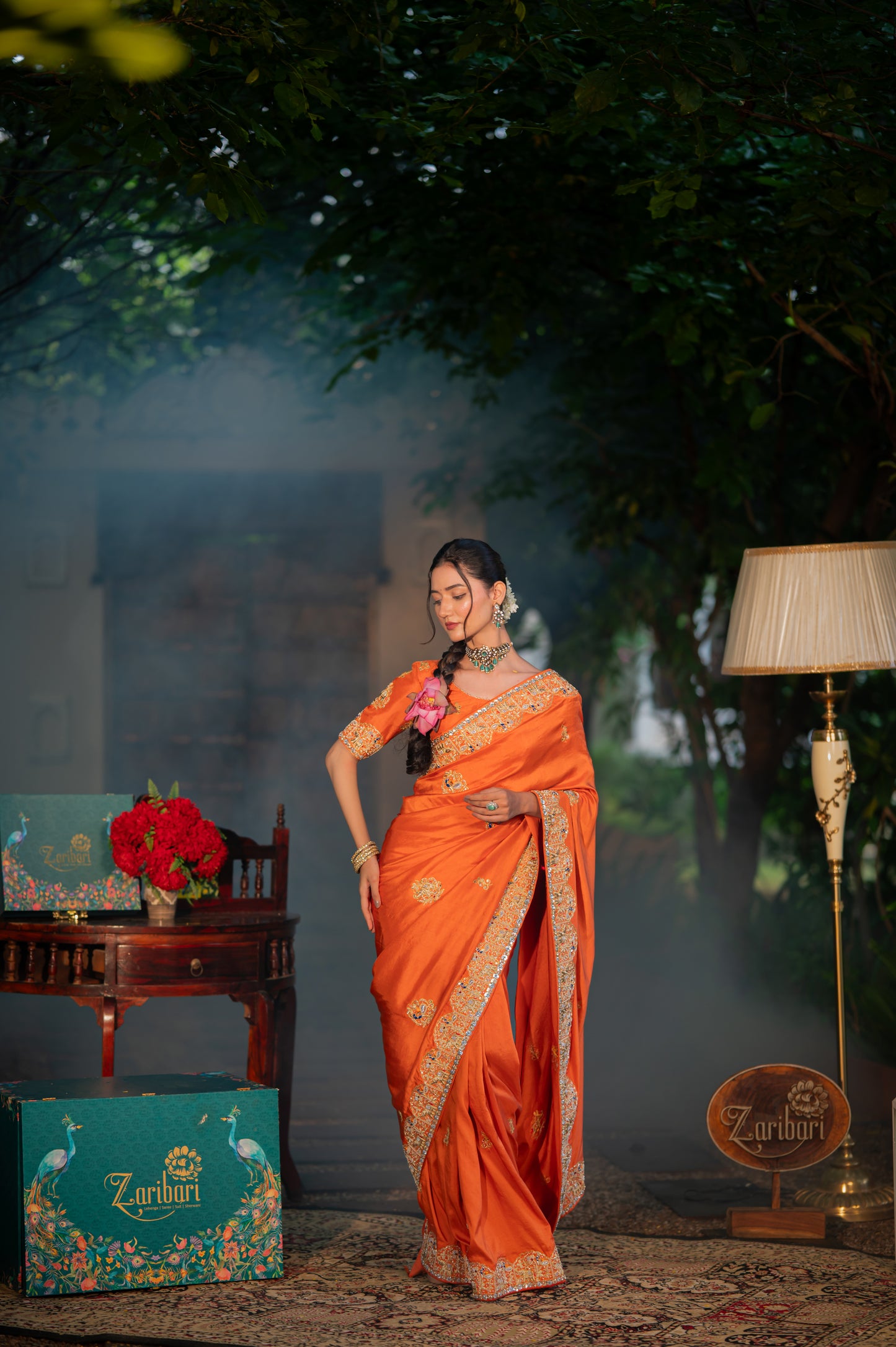 Saffron Raw Silk Saree with Aari Zardozi and Thread Work