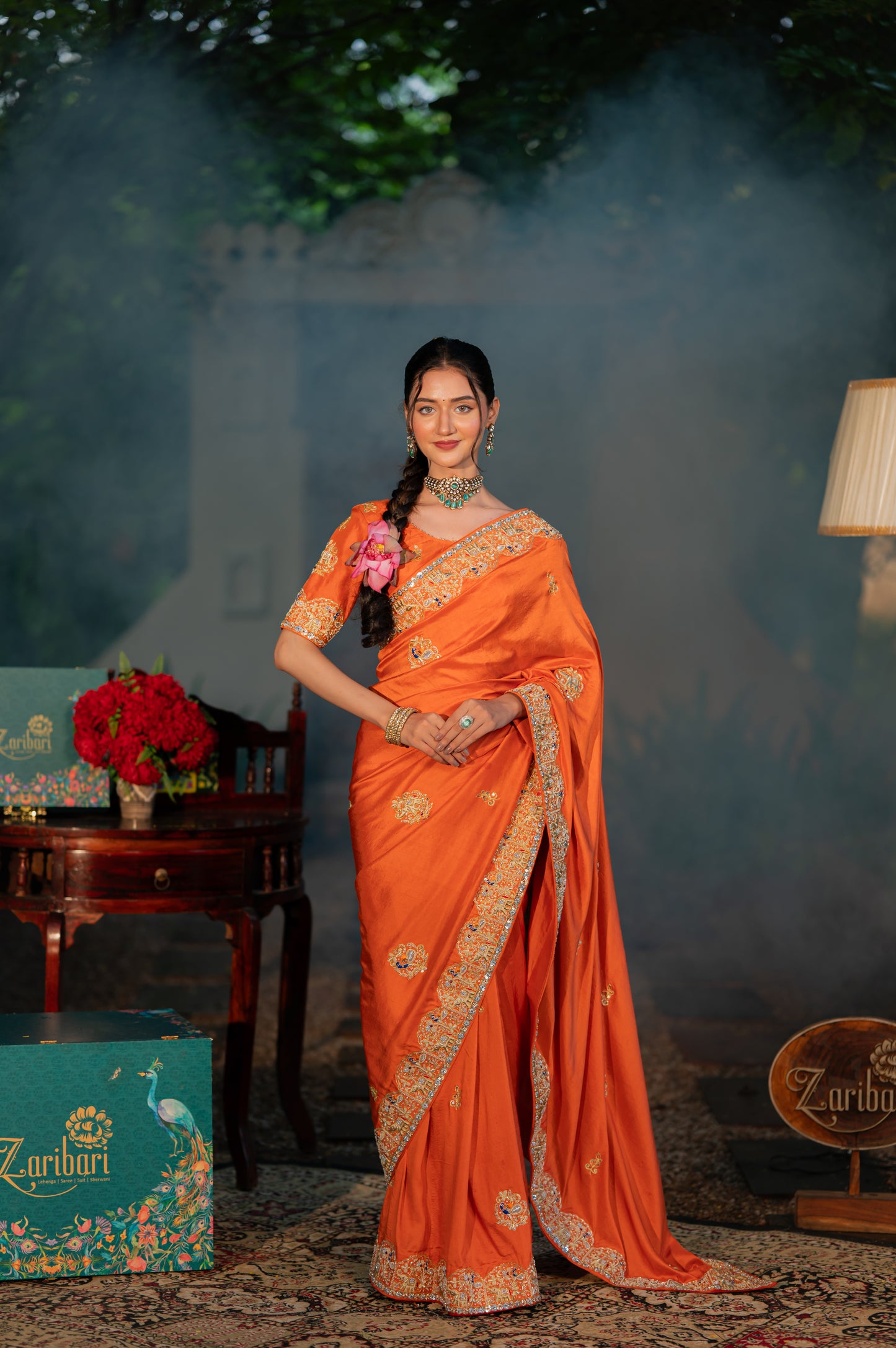 Saffron Raw Silk Saree with Aari Zardozi and Thread Work
