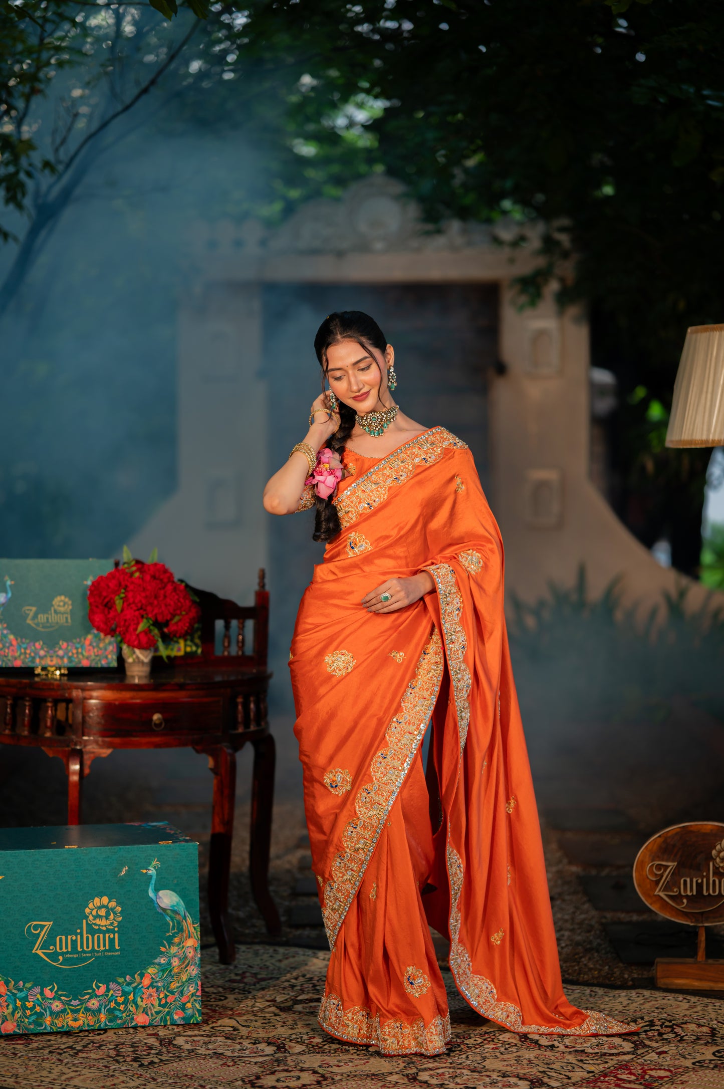 Saffron Raw Silk Saree with Aari Zardozi and Thread Work