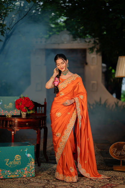Saffron Raw Silk Saree with Aari Zardozi and Thread Work