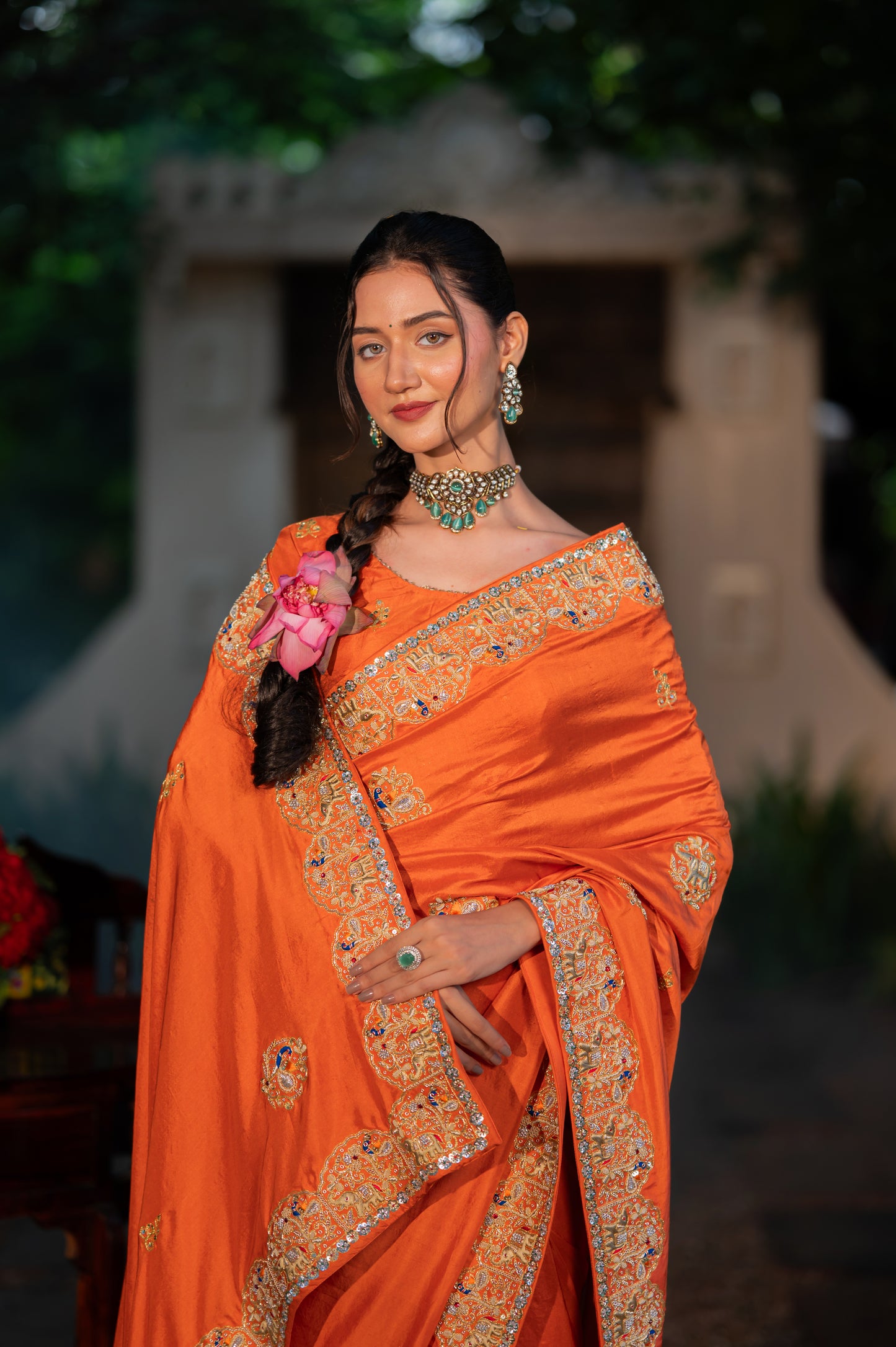 Saffron Raw Silk Saree with Aari Zardozi and Thread Work