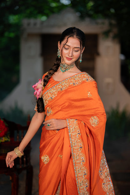 Saffron Raw Silk Saree with Aari Zardozi and Thread Work