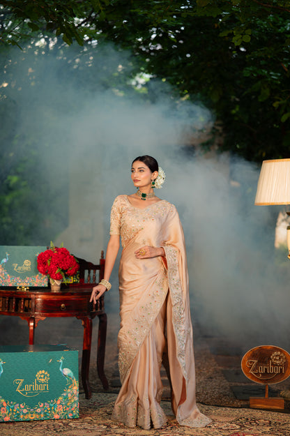 Beige Sand Raw Silk Saree with Aari Zardozi Gota Patti Work