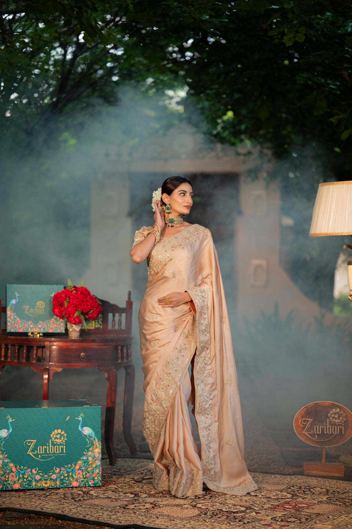 Beige Sand Raw Silk Saree with Aari Zardozi Gota Patti Work