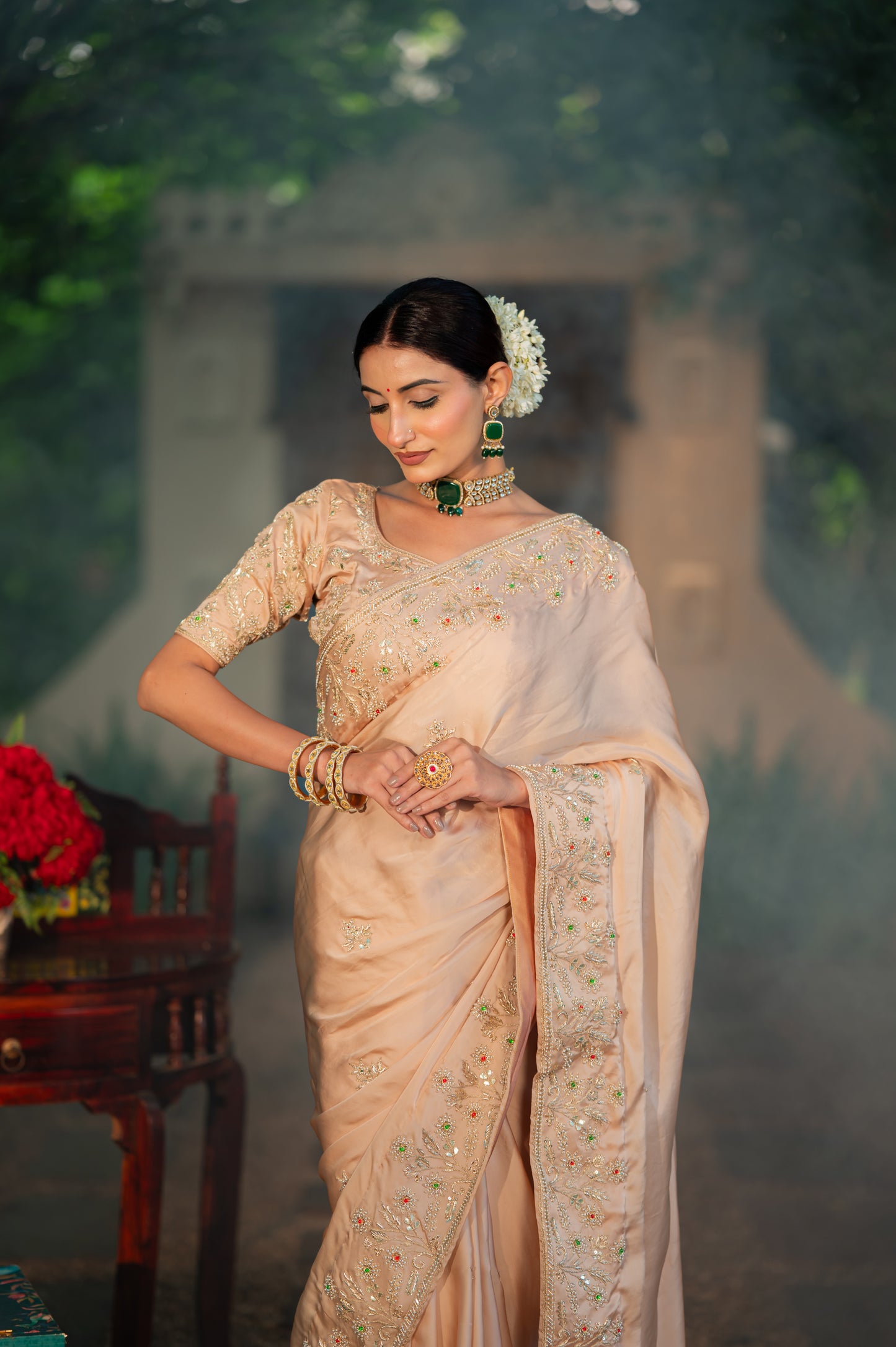 Beige Sand Raw Silk Saree with Aari Zardozi Gota Patti Work