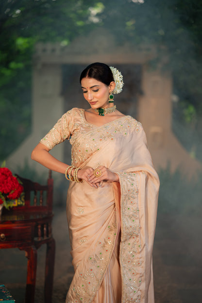 Beige Sand Raw Silk Saree with Aari Zardozi Gota Patti Work