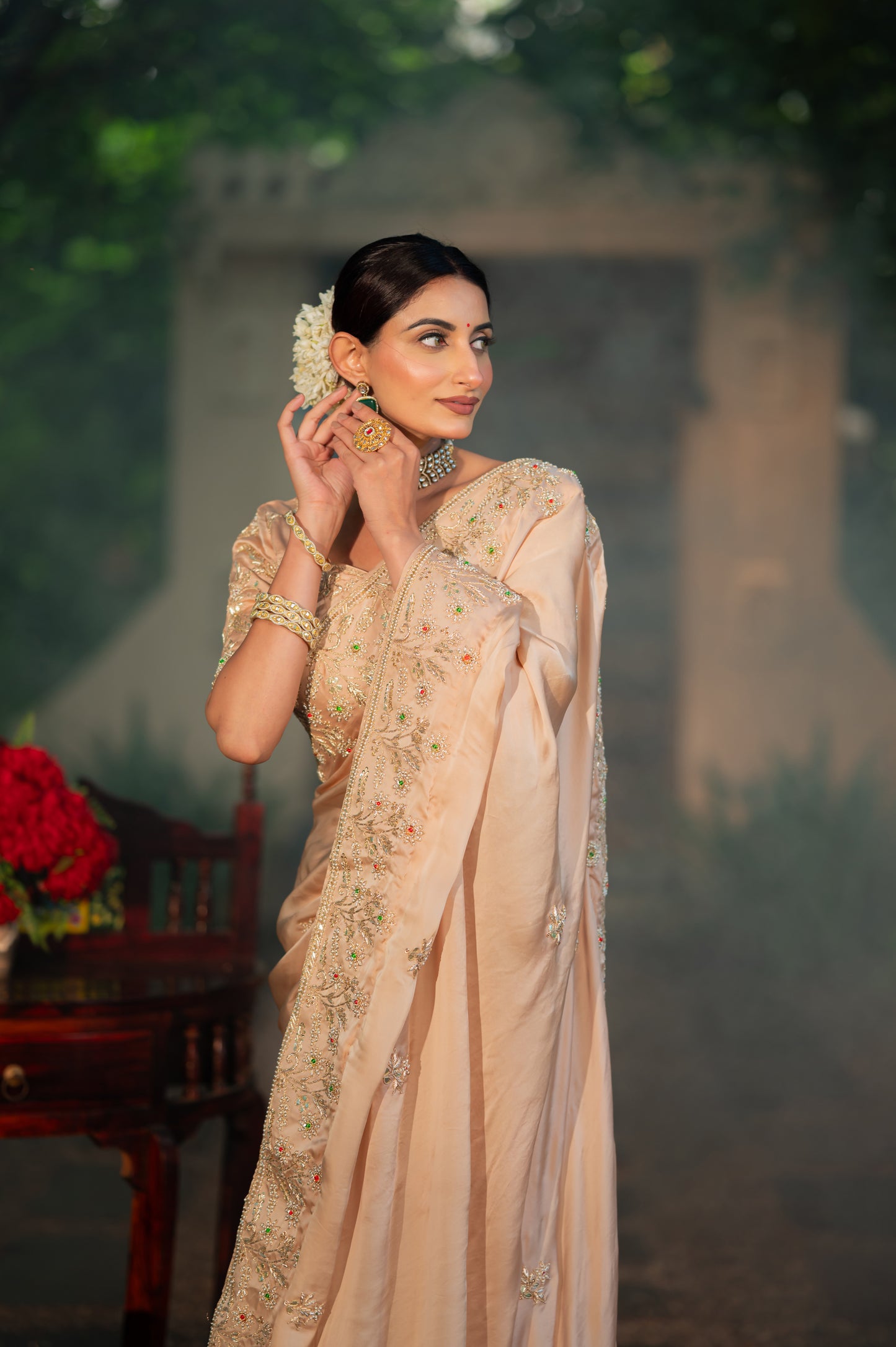 Beige Sand Raw Silk Saree with Aari Zardozi Gota Patti Work