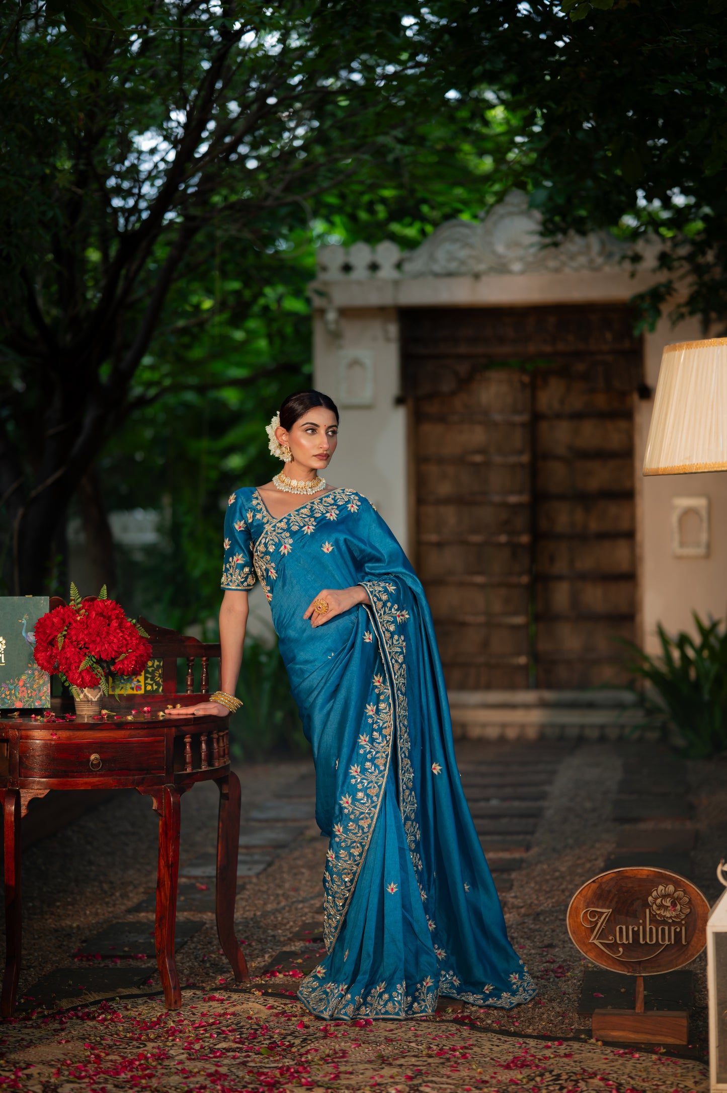 Venice Blue Pure Silk Saree with Marodi Zardozi and Gota Patti Work
