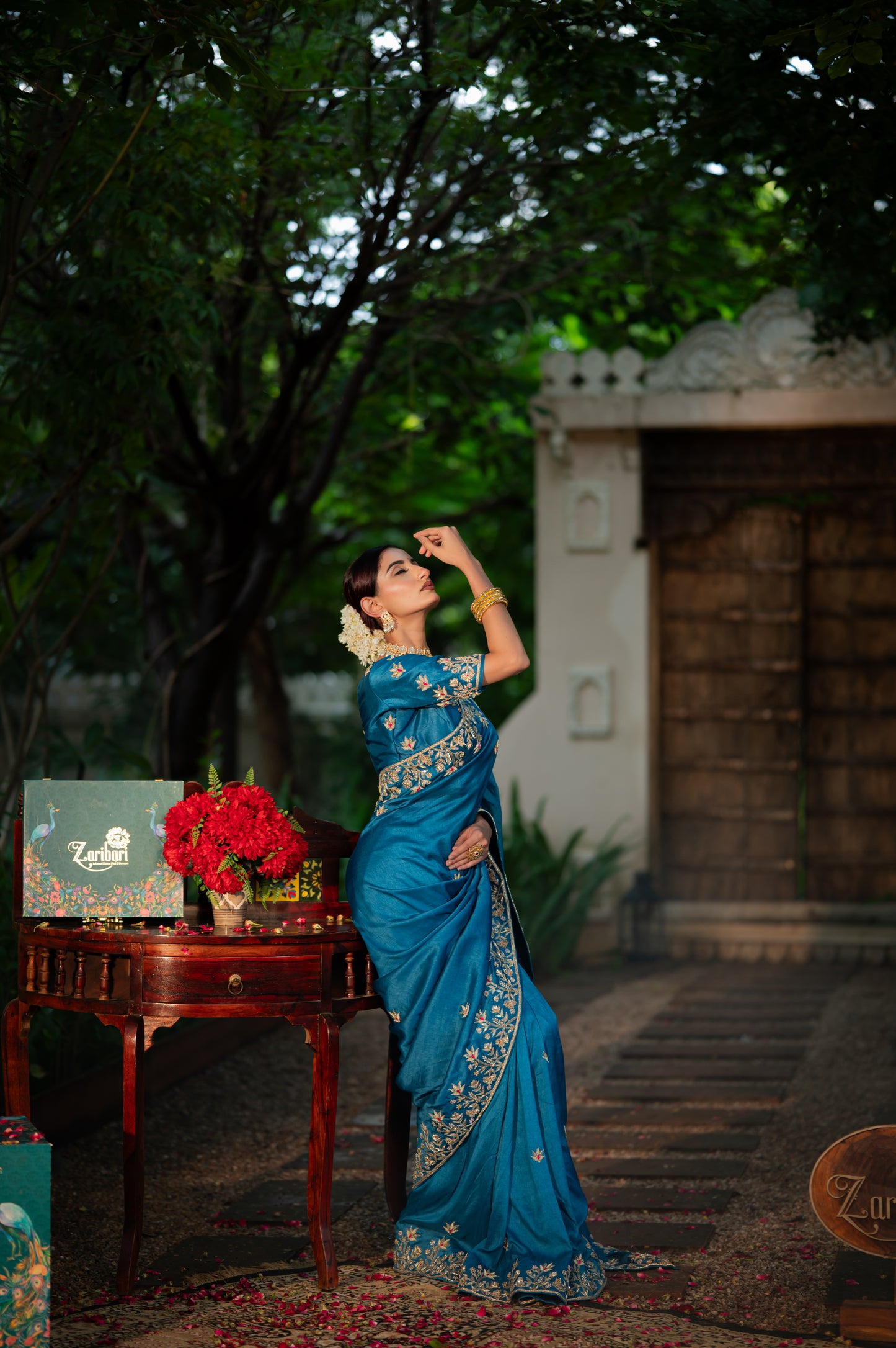 Venice Blue Pure Silk Saree with Marodi Zardozi and Gota Patti Work