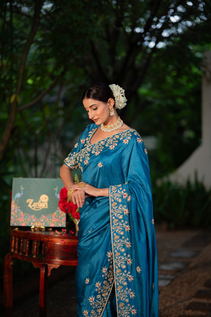 Venice Blue Pure Silk Saree with Marodi Zardozi and Gota Patti Work