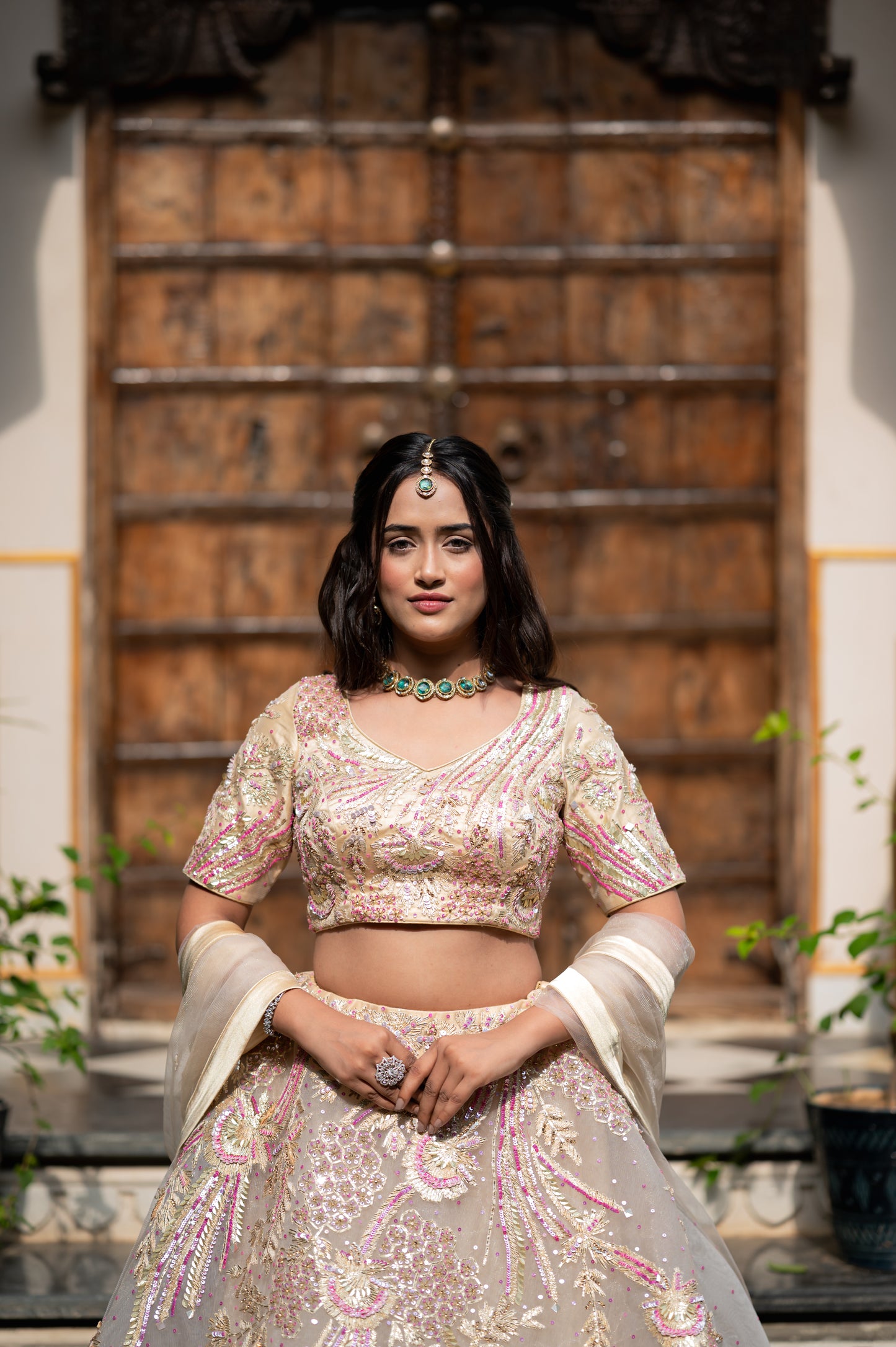 Light Grayish Orange Net Lehenga with Sequins Work