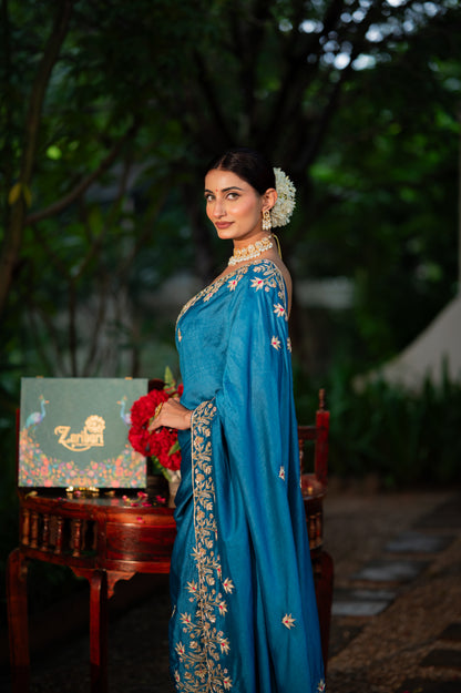 Venice Blue Pure Silk Saree with Marodi Zardozi and Gota Patti Work