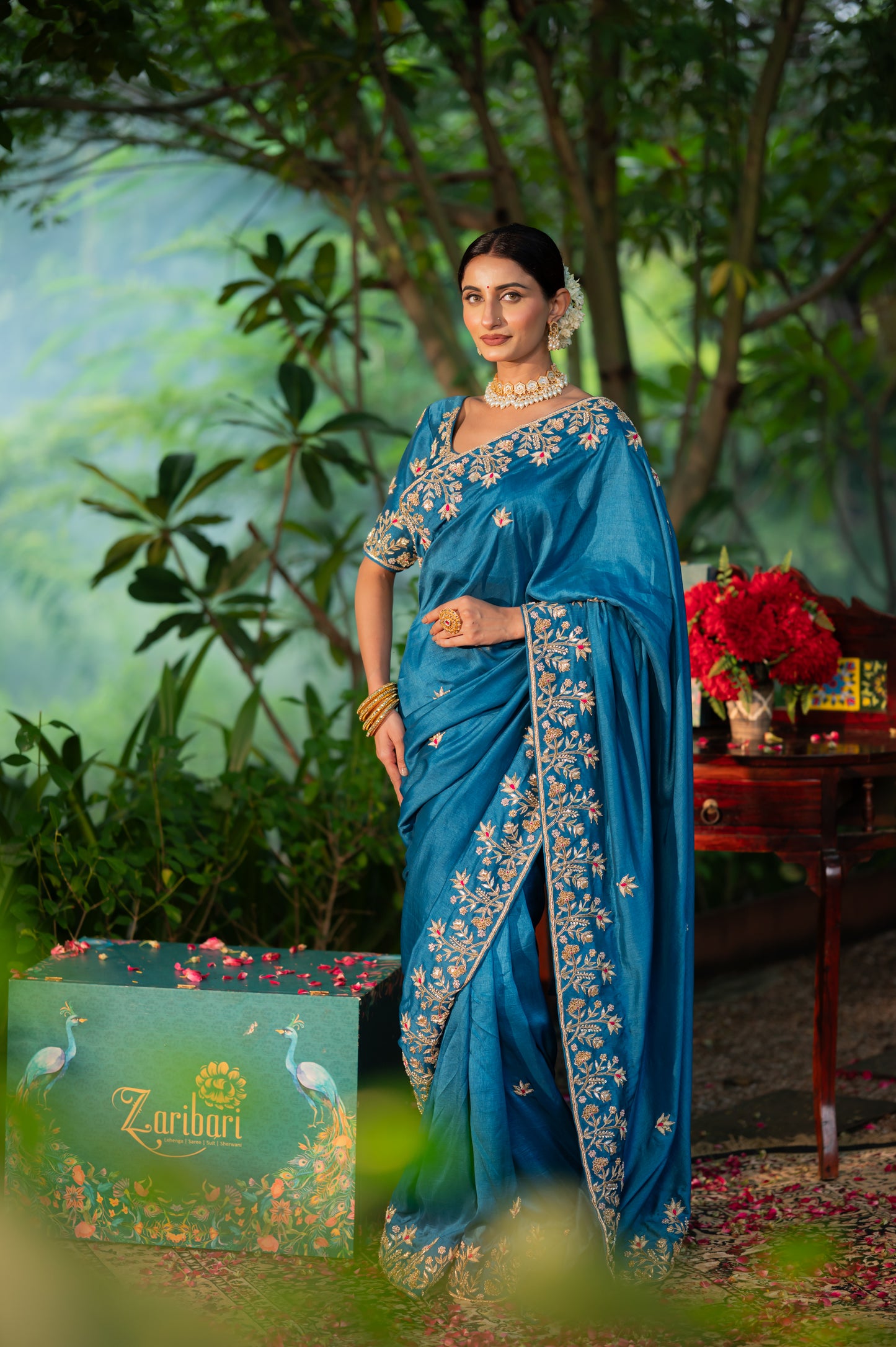 Venice Blue Pure Silk Saree with Marodi Zardozi and Gota Patti Work
