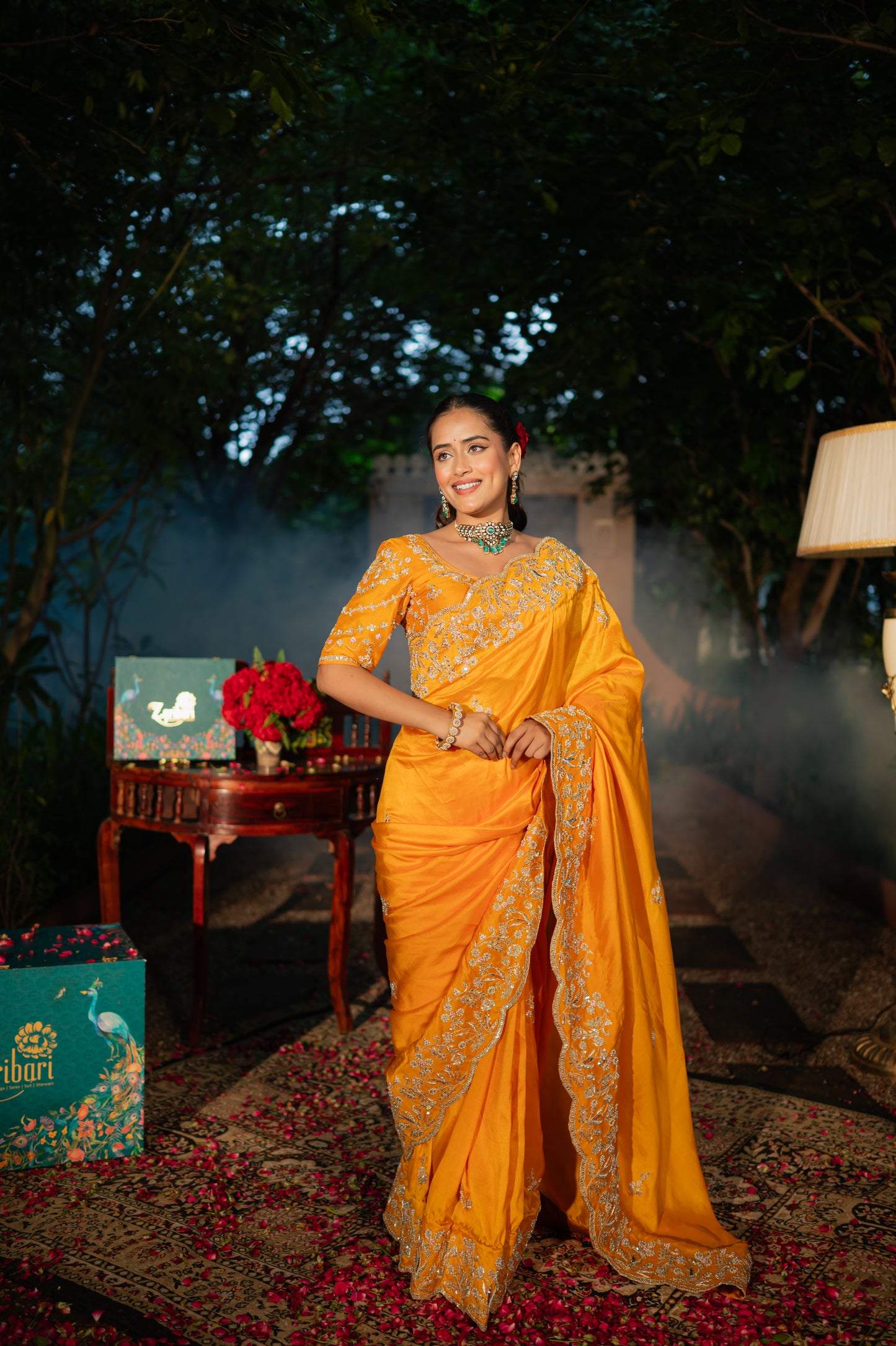 Pumpkin Orange Pure Silk Saree with Aari Zardozi and Pearl Work