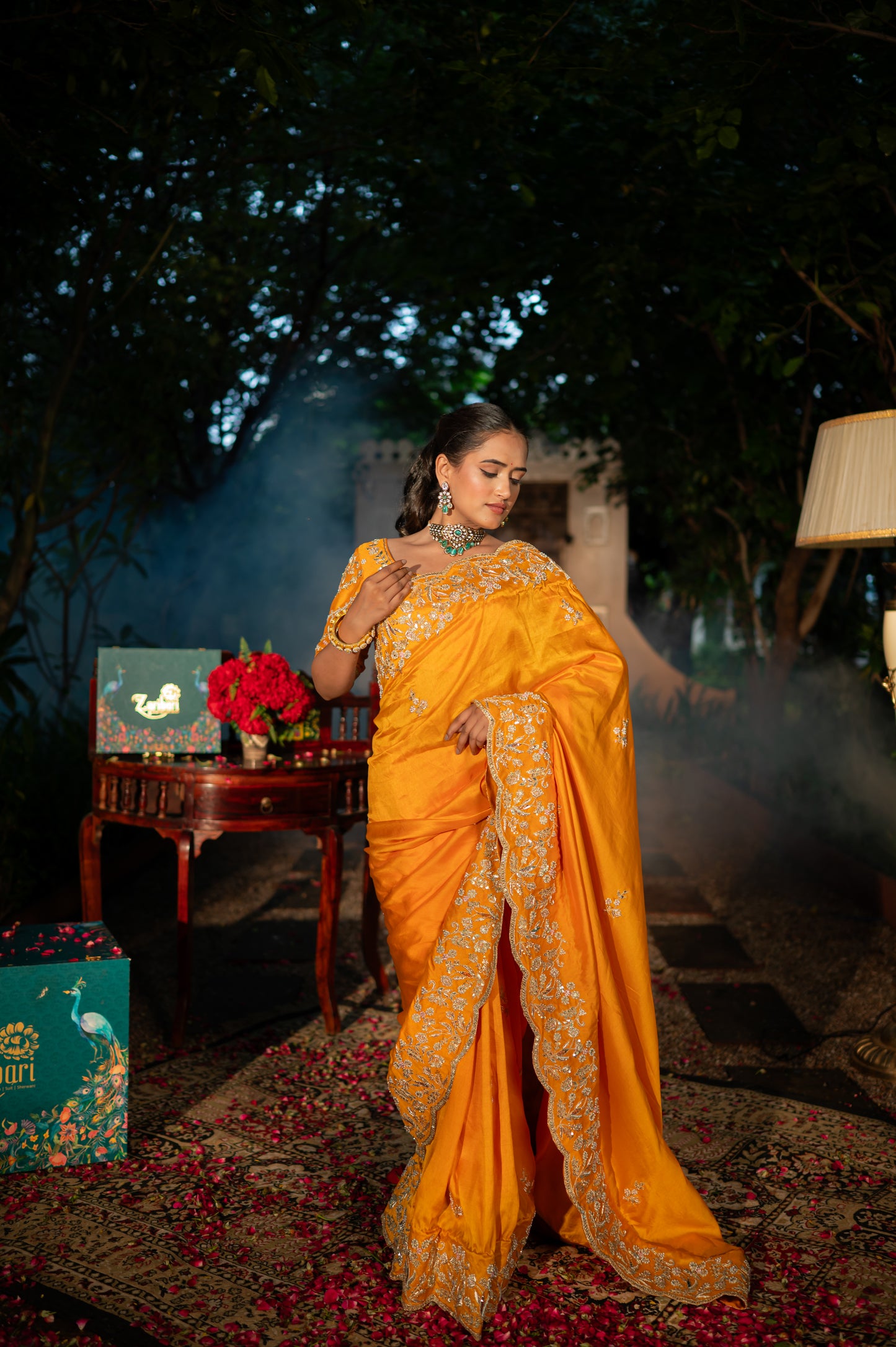 Pumpkin Orange Pure Silk Saree with Aari Zardozi and Pearl Work