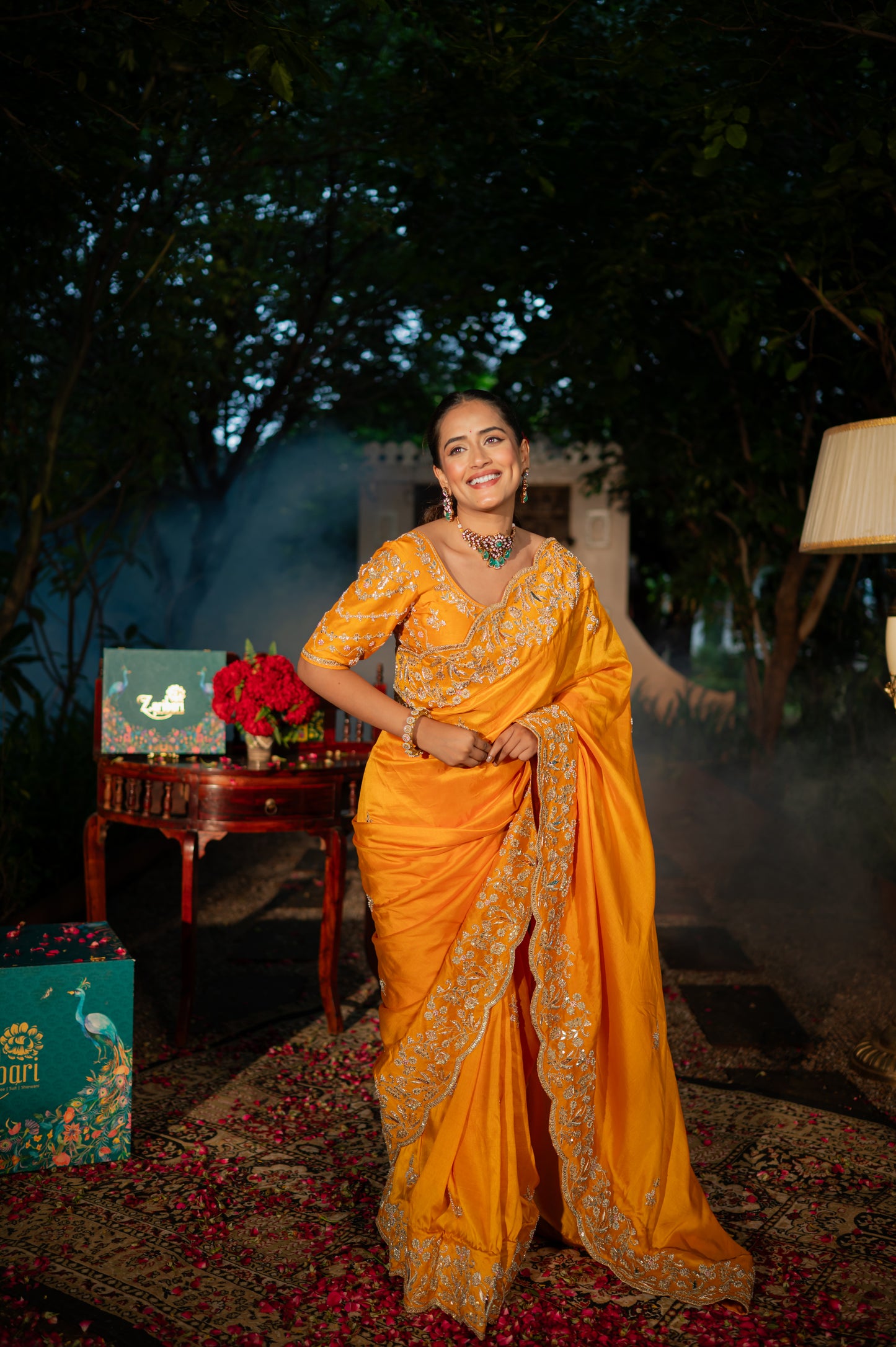 Pumpkin Orange Pure Silk Saree with Aari Zardozi and Pearl Work