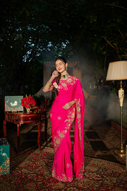 Designer Saree - Hot Pink Raw Silk Dabka Marodi Zardozi | Wedding Saree
