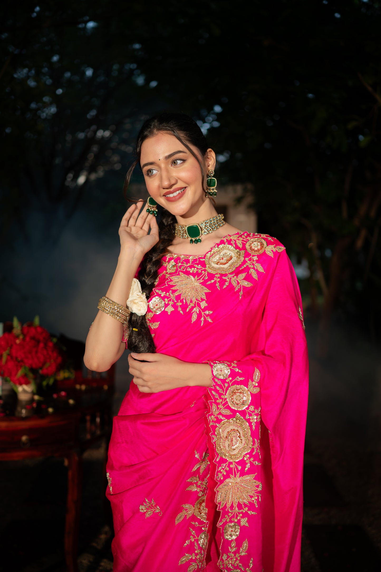 Hot Rani Raw Silk Saree with Dabka Marodi and Zardozi Work