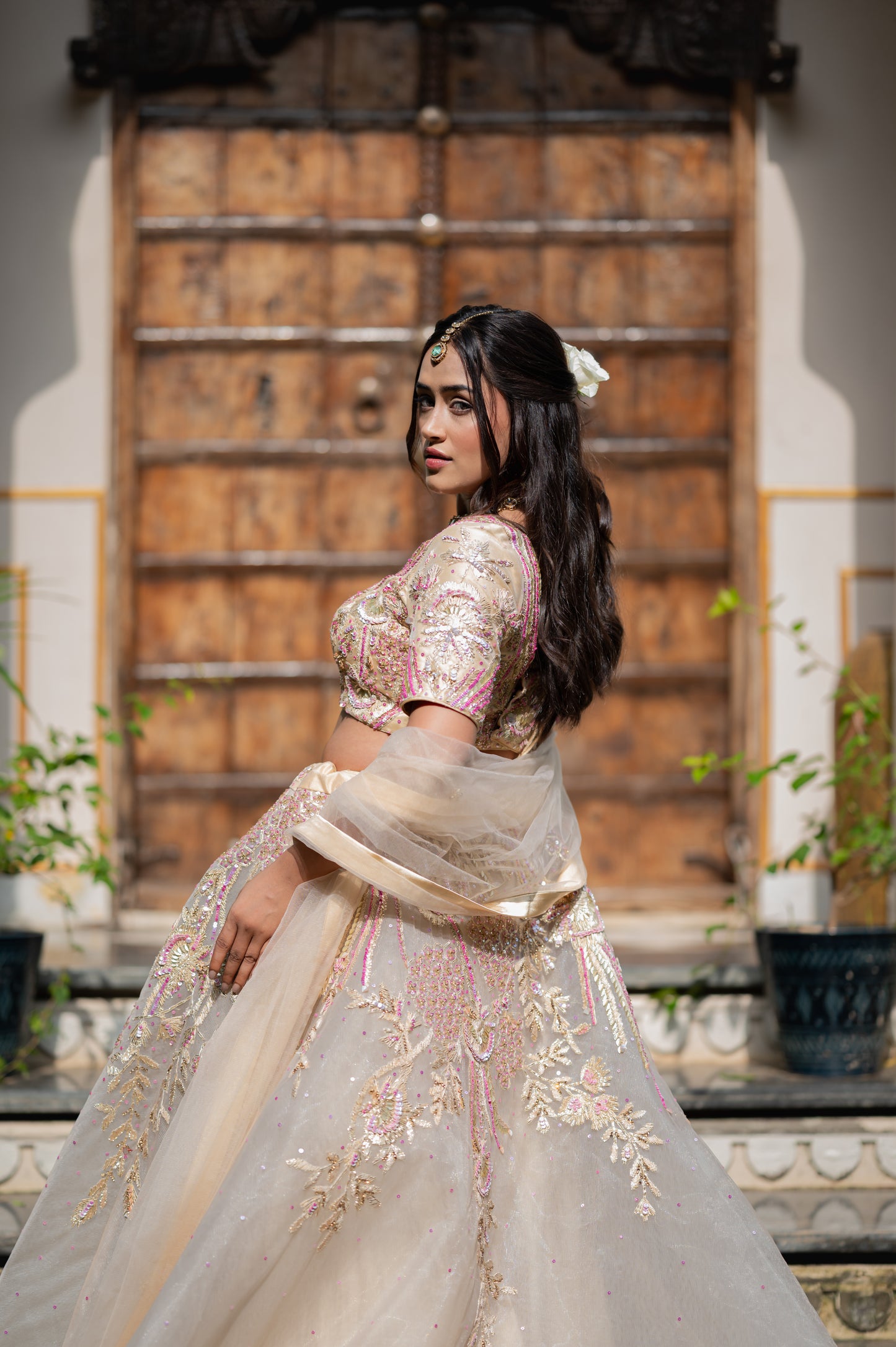 Light Grayish Orange Net Lehenga with Sequins Work