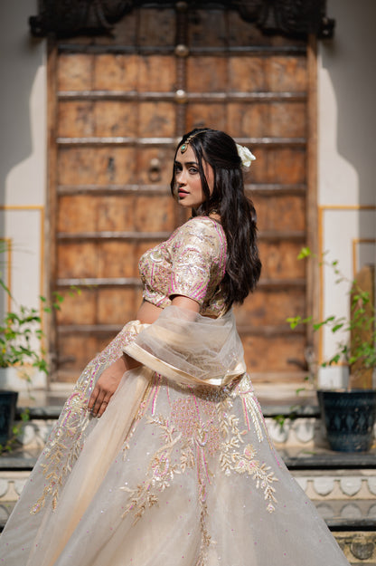 Bridal Lehenga - Peach Orange Net with Sequins | Wedding Lehenga Set