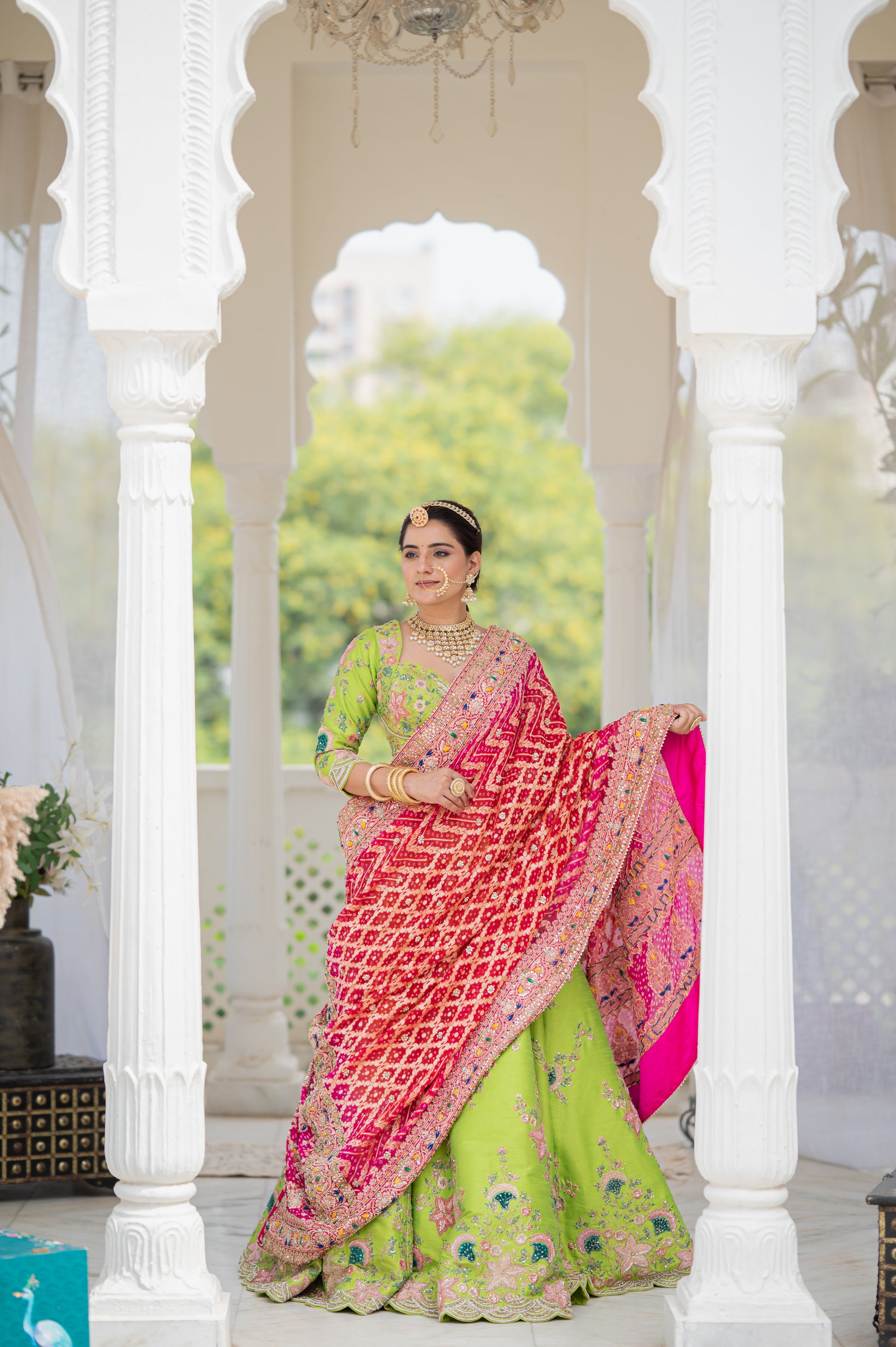 A stunning pink pure khaddi georgette meenakari bandhej chunari featuring thread kardana sequins work chunari beautifully adorned with fine craftsmanship and exquisite detailing, perfect for festive and special occasions.