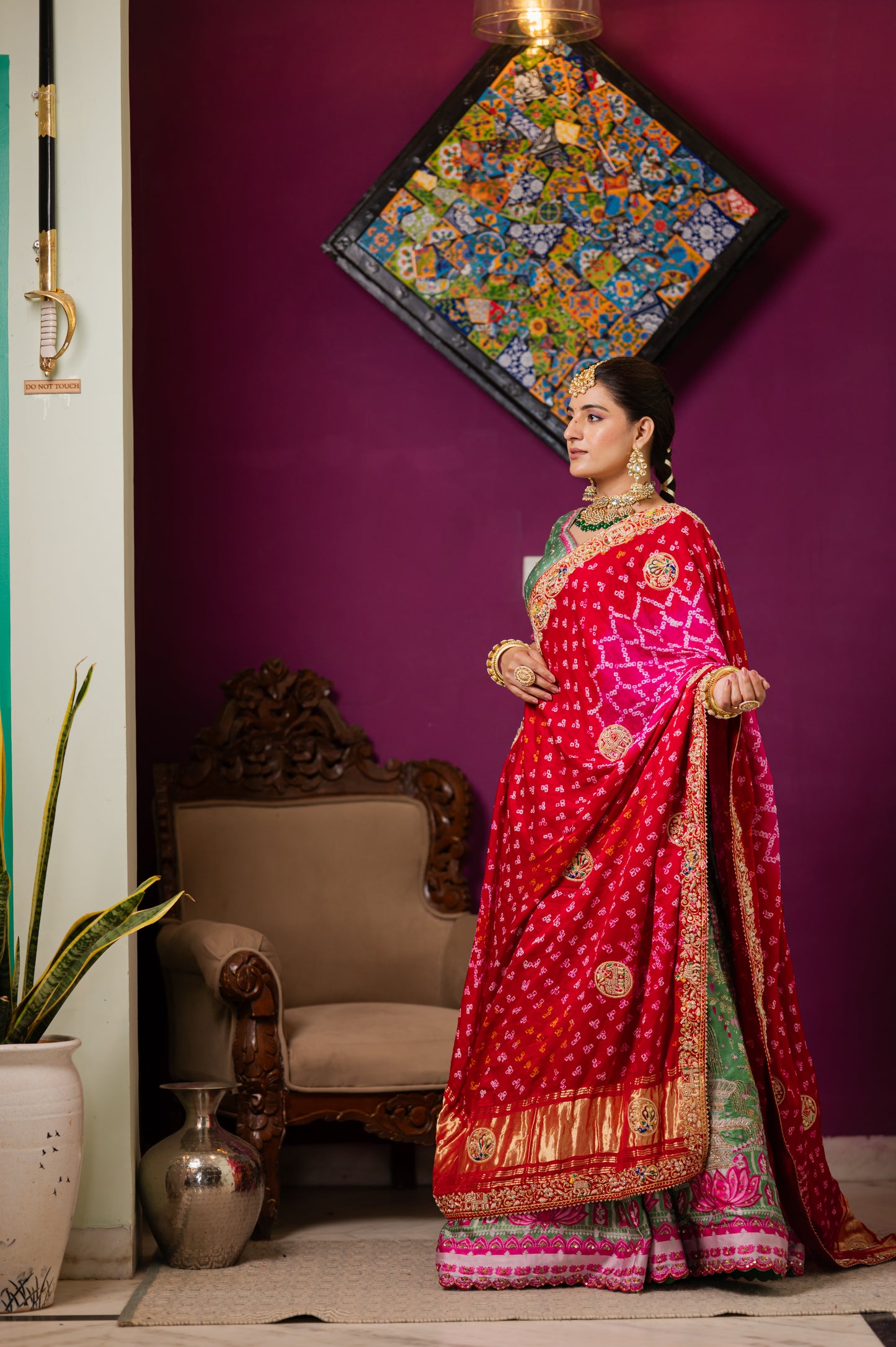 Pink Red Gajji Silk Bandhej Chunari with Aari Zardozi Radha Krishna Peacock Elephant Dear Motifs Sequins Work