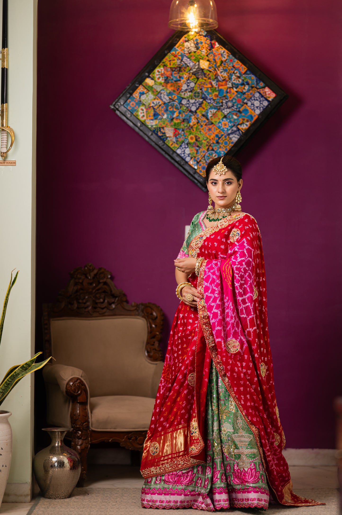 Pink Red Gajji Silk Bandhej Chunari with Aari Zardozi Radha Krishna Peacock Elephant Dear Motifs Sequins Work