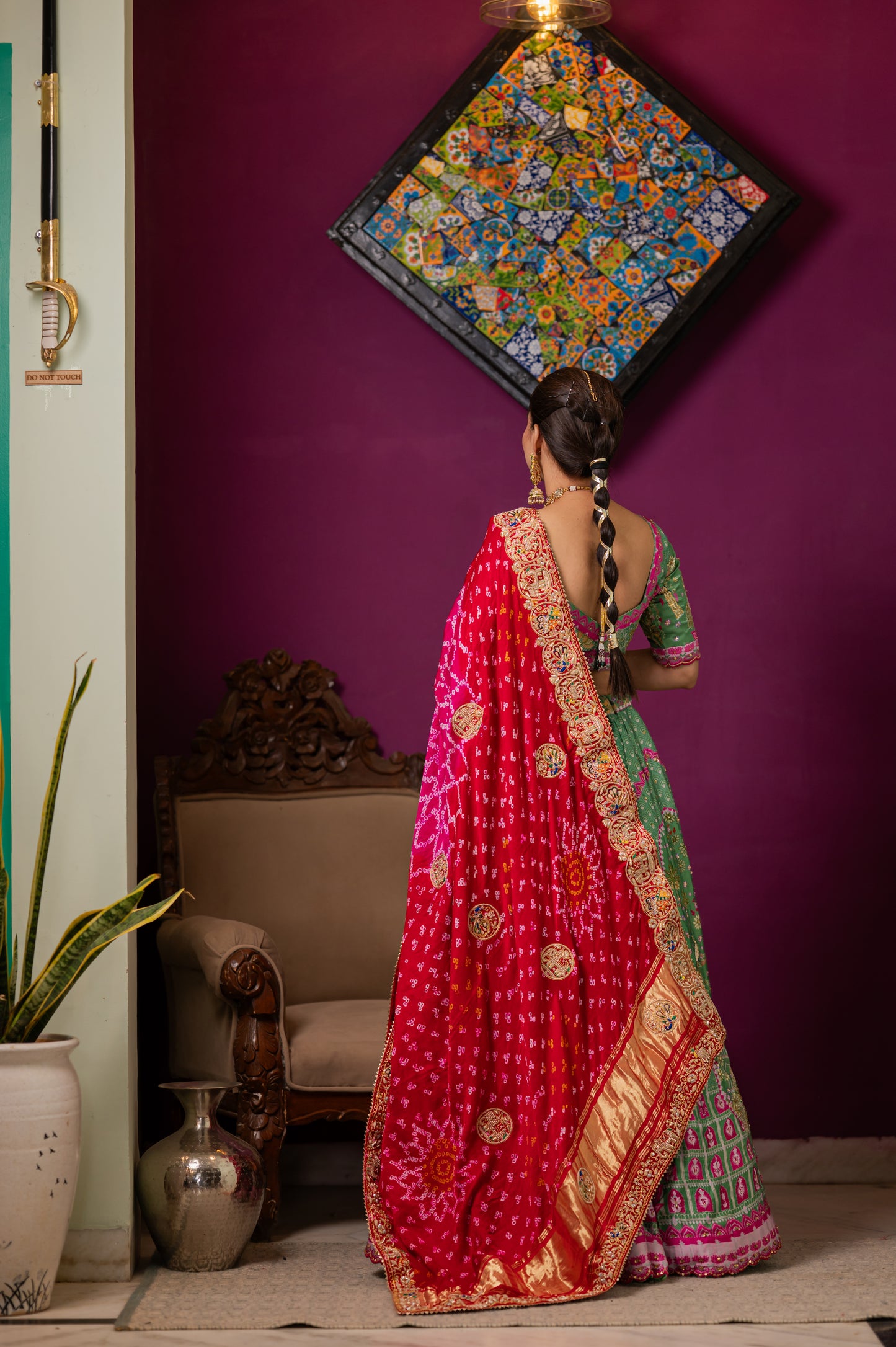 Pink Red Gajji Silk Bandhej Chunari with Aari Zardozi Radha Krishna Peacock Elephant Dear Motifs Sequins Work