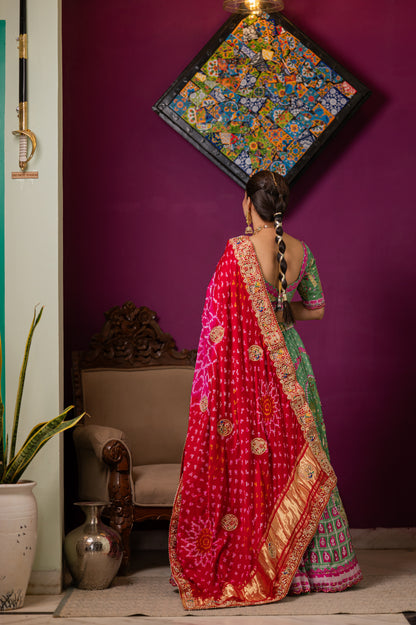 Bridal Dupatta - Pink Bandhej Radha Krishna Zardozi | Wedding Chunari