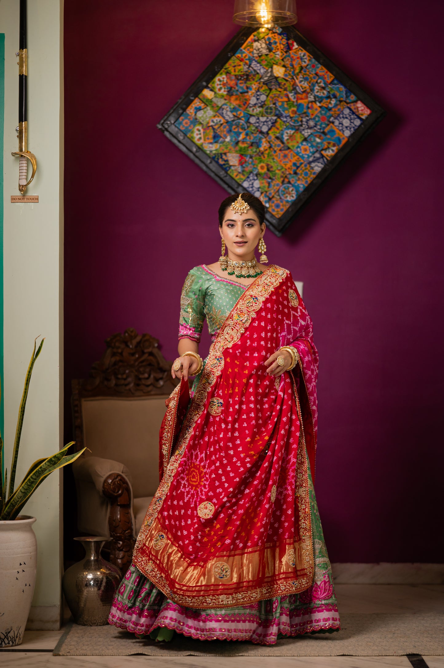 Pink Red Gajji Silk Bandhej Chunari with Aari Zardozi Radha Krishna Peacock Elephant Dear Motifs Sequins Work