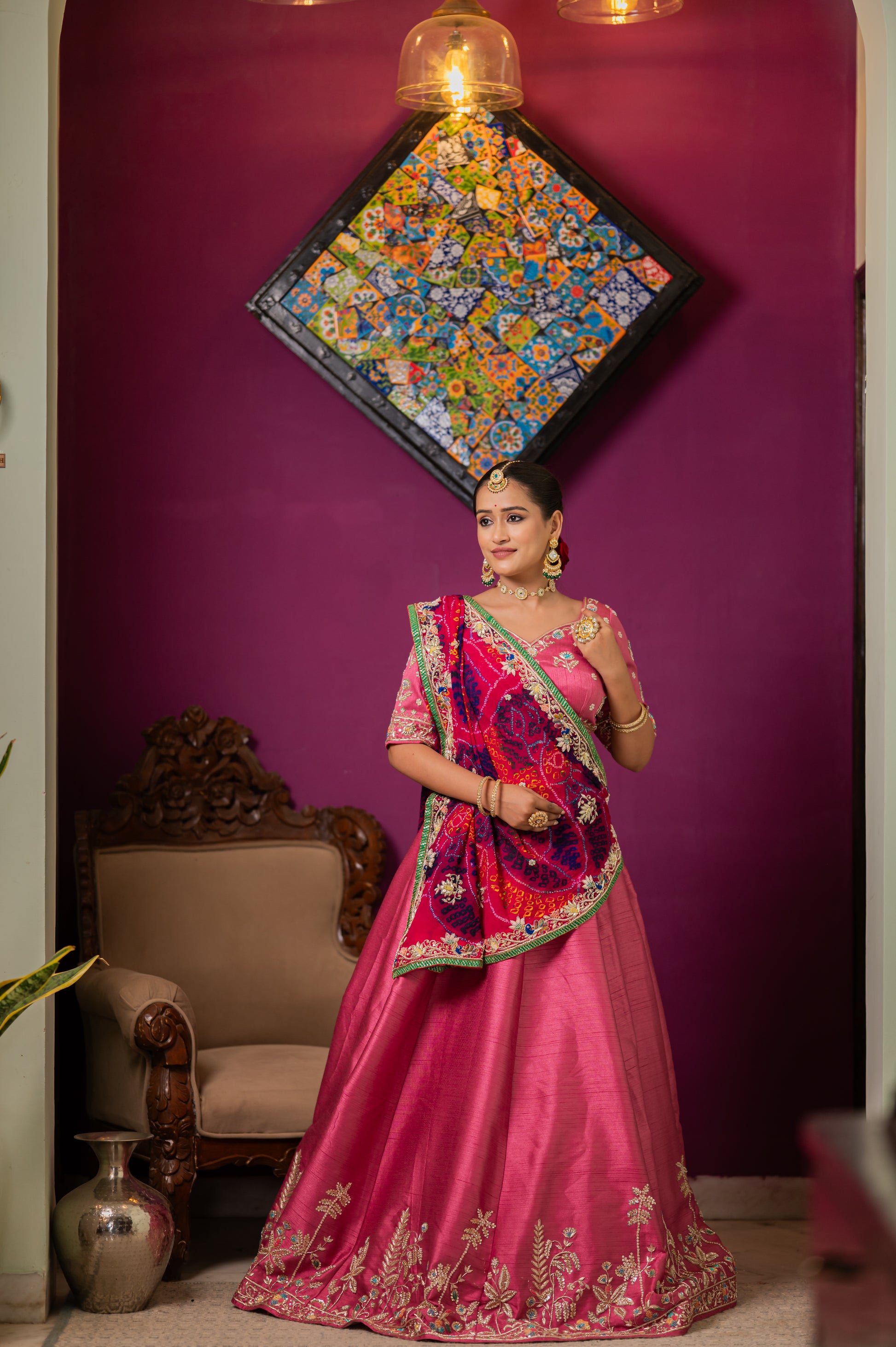 A stunning pink pure ojariya bandhej chunari featuring zardozi small peacock motifs thread sequins work chunari beautifully adorned with fine craftsmanship and exquisite detailing, perfect for festive and special occasions.