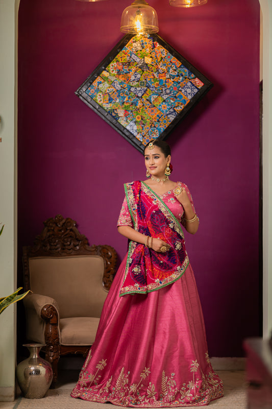 A stunning pink pure ojariya bandhej chunari featuring zardozi small peacock motifs thread sequins work chunari beautifully adorned with fine craftsmanship and exquisite detailing, perfect for festive and special occasions.
