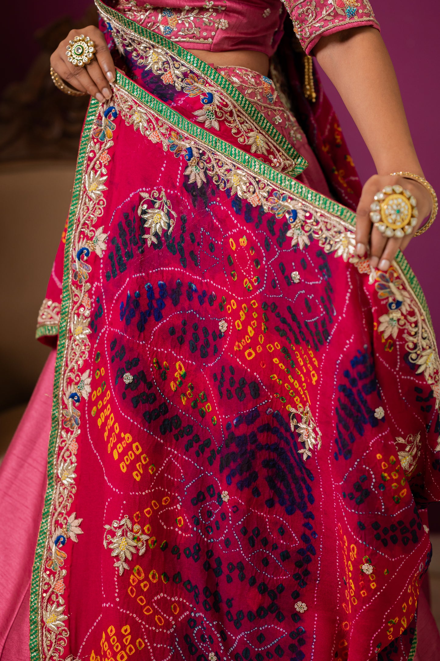 Pink Pure Ojariya Bandhej Chunari with Zardozi Small Peacock Motifs Thread Sequins Work