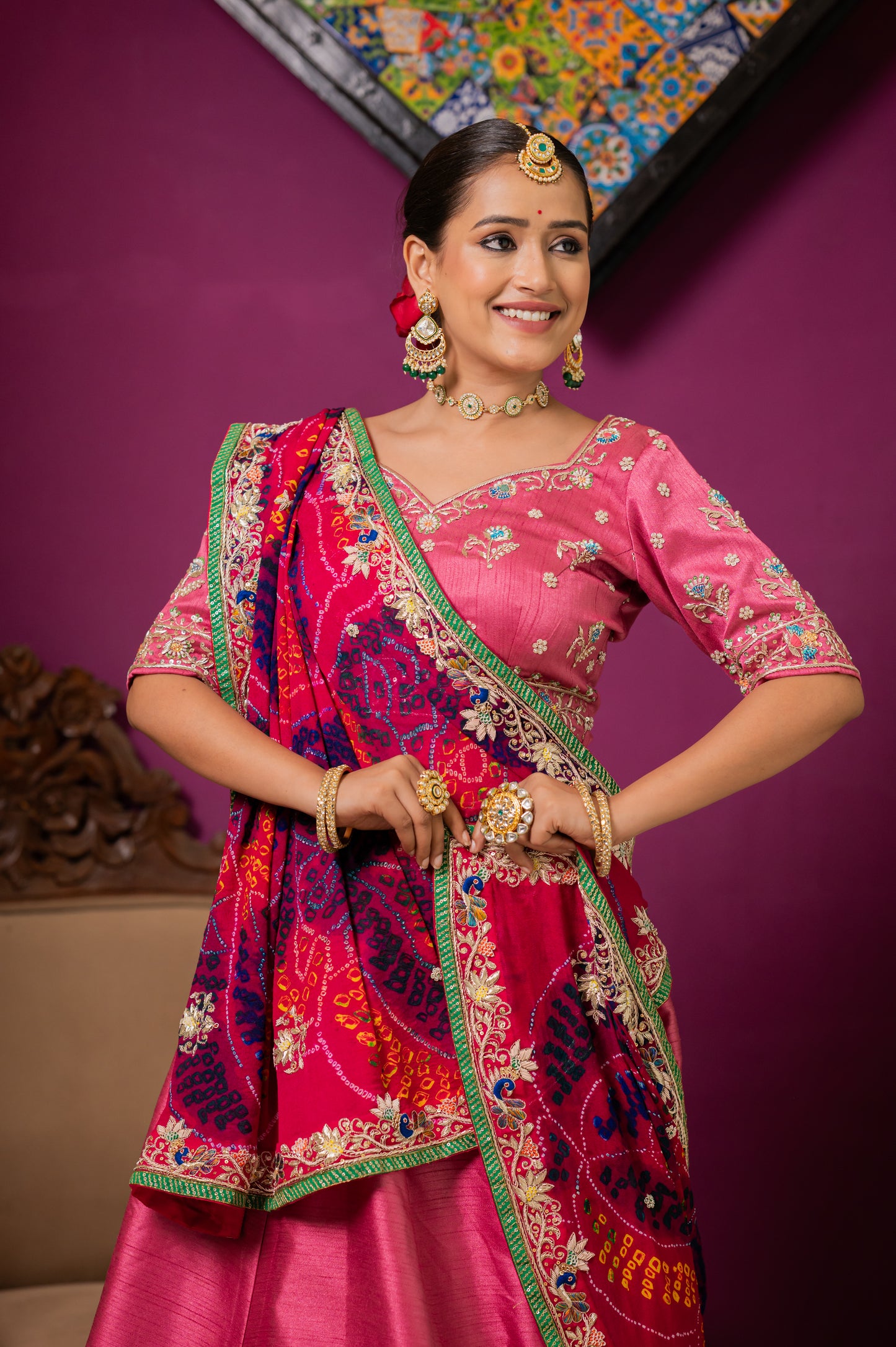 Pink Pure Ojariya Bandhej Chunari with Zardozi Small Peacock Motifs Thread Sequins Work