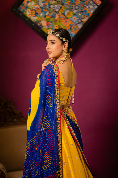 Bridal Dupatta - Blue Ojariya Bandhej Aari Zardozi | Wedding Chunari