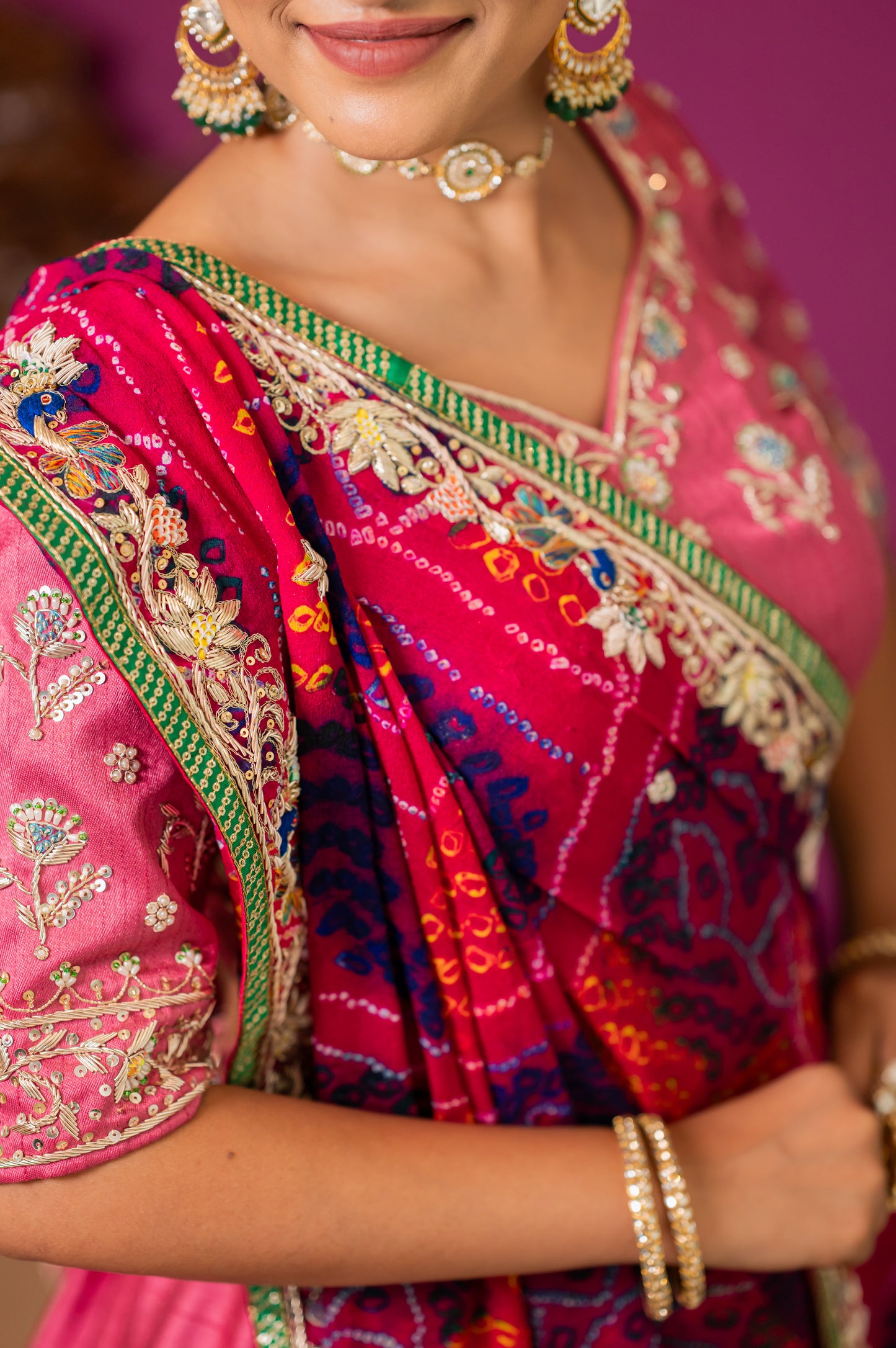 Pink Pure Ojariya Bandhej Chunari with Zardozi Small Peacock Motifs Thread Sequins Work