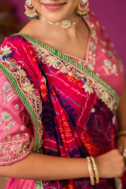 Pink Pure Ojariya Bandhej Chunari with Zardozi Small Peacock Motifs Thread Sequins Work