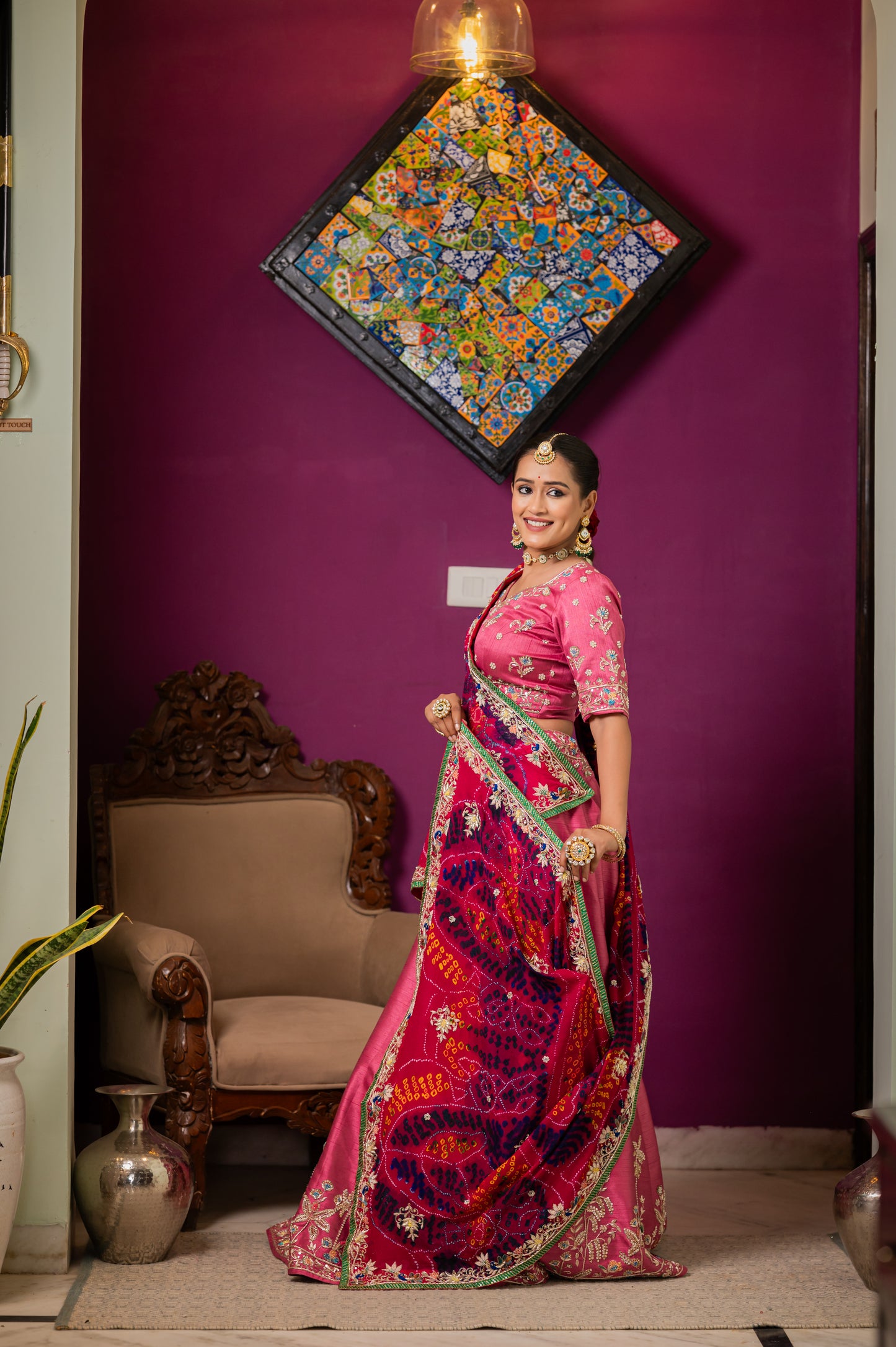 Pink Pure Ojariya Bandhej Chunari with Zardozi Small Peacock Motifs Thread Sequins Work