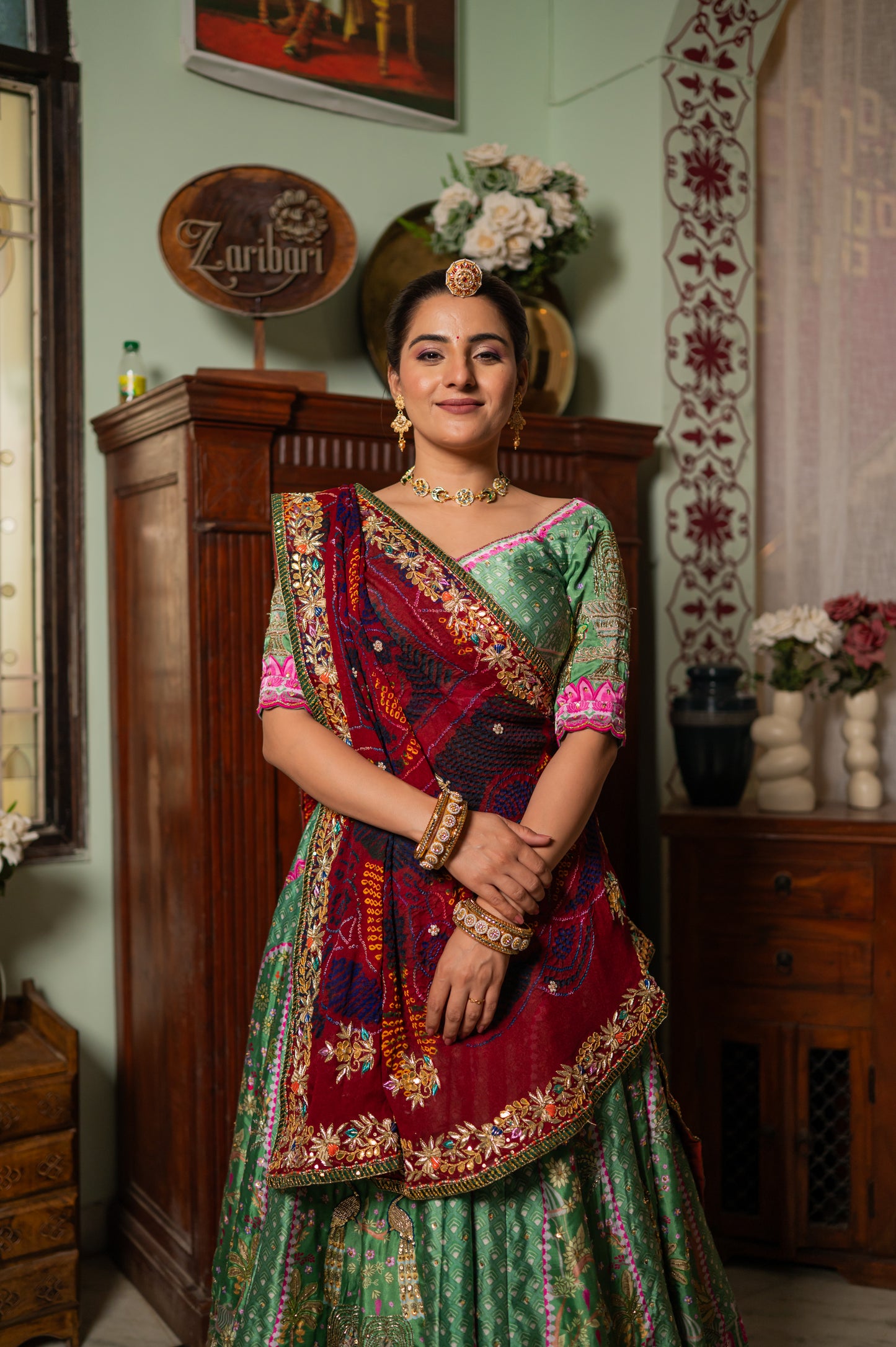 Red Pure Ojariya Bandhej Chunari with Zardozi Gota Patti Sequins Work