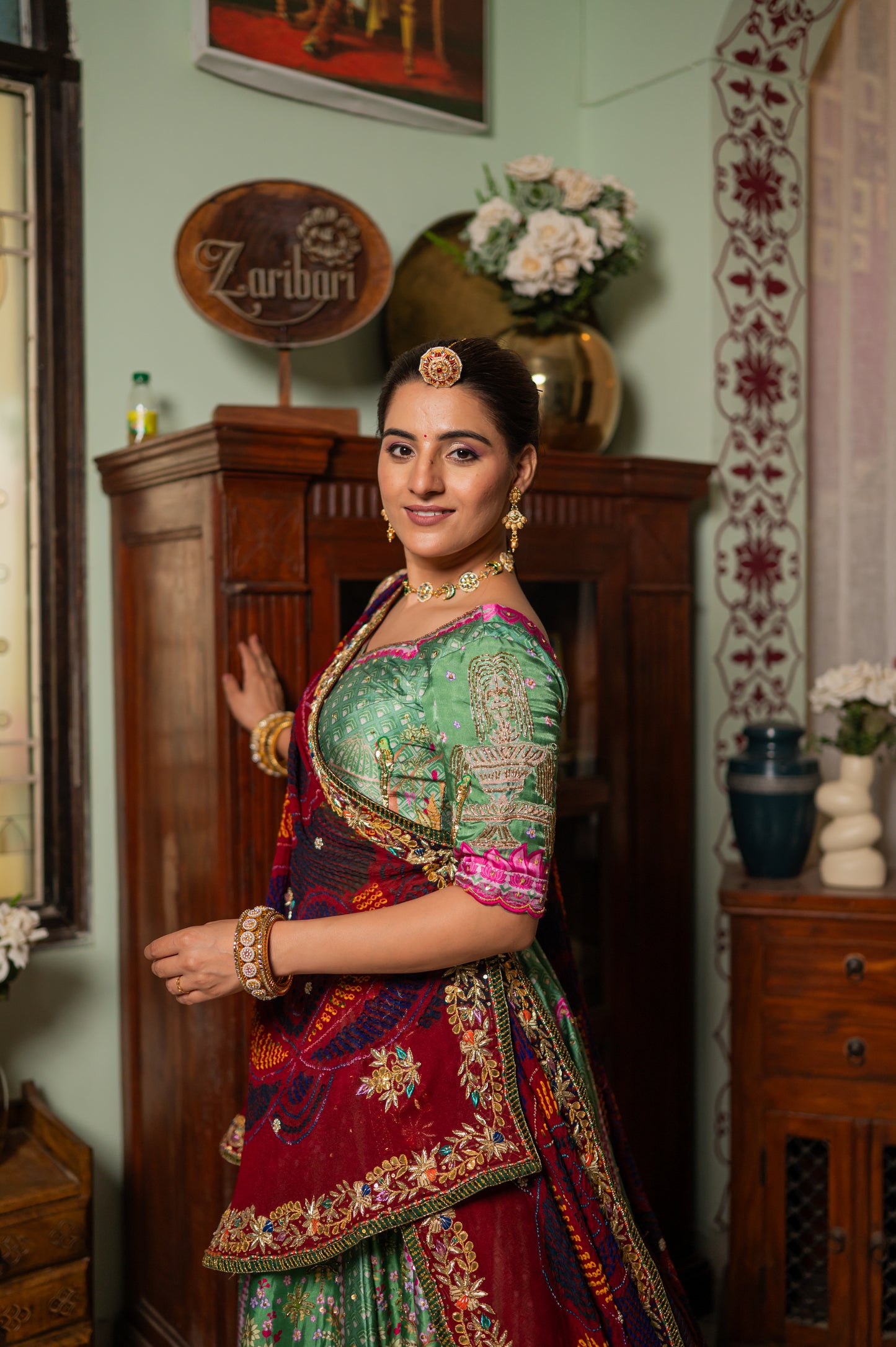 Red Pure Ojariya Bandhej Chunari with Zardozi Gota Patti Sequins Work