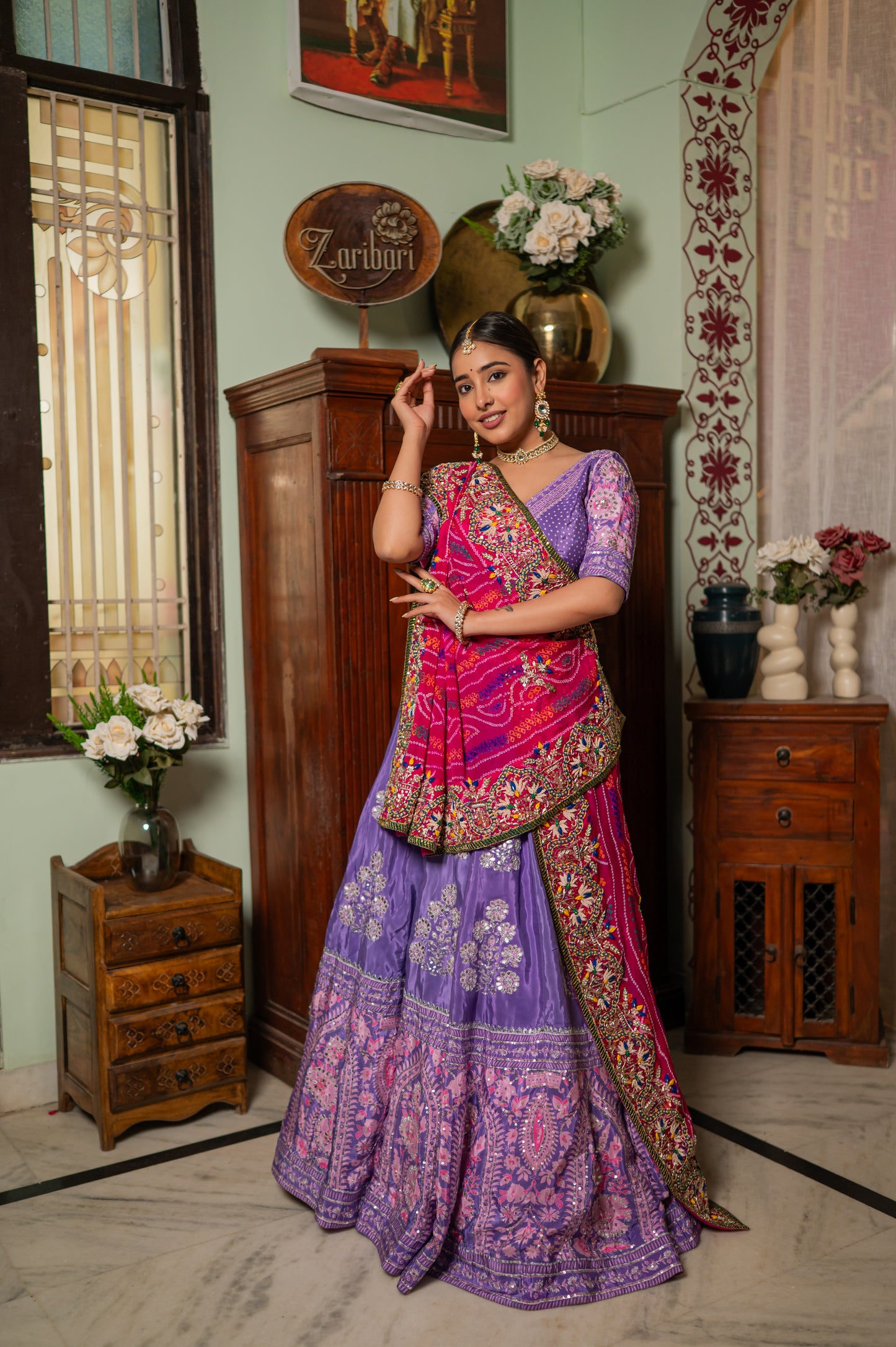 Pink Pure Ojariya Bandhej Chunari with Zardozi Thread Sequins Pearl Work