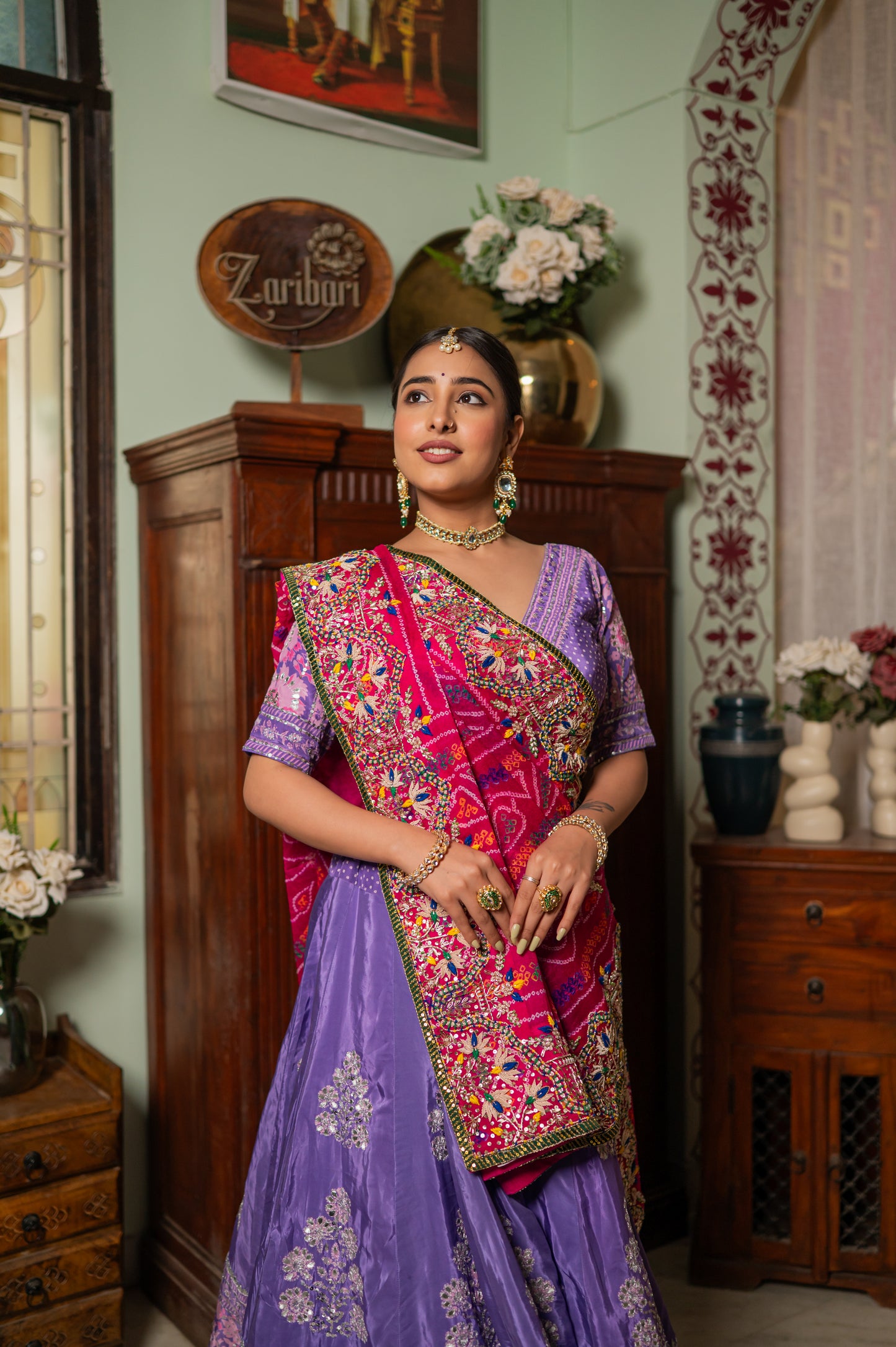 Pink Pure Ojariya Bandhej Chunari with Zardozi Thread Sequins Pearl Work