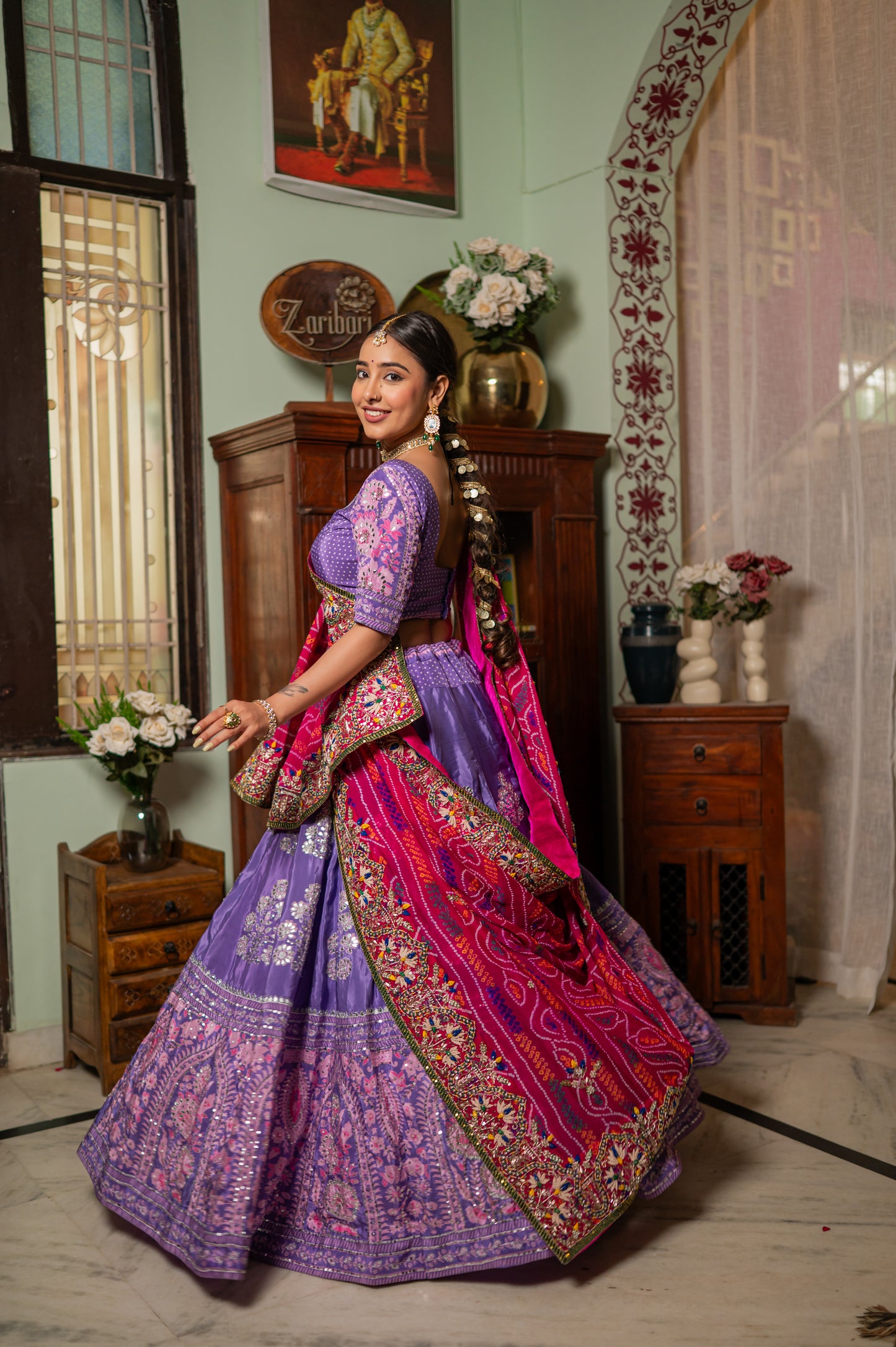 Pink Pure Ojariya Bandhej Chunari with Zardozi Thread Sequins Pearl Work