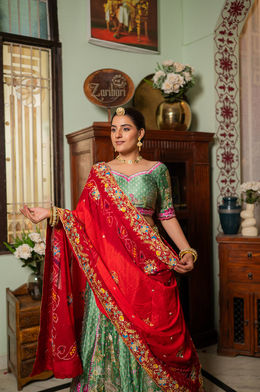 Red Pure Ojariya Bandhej Chunari with Zardozi Gota Patti Thread Sequins Work