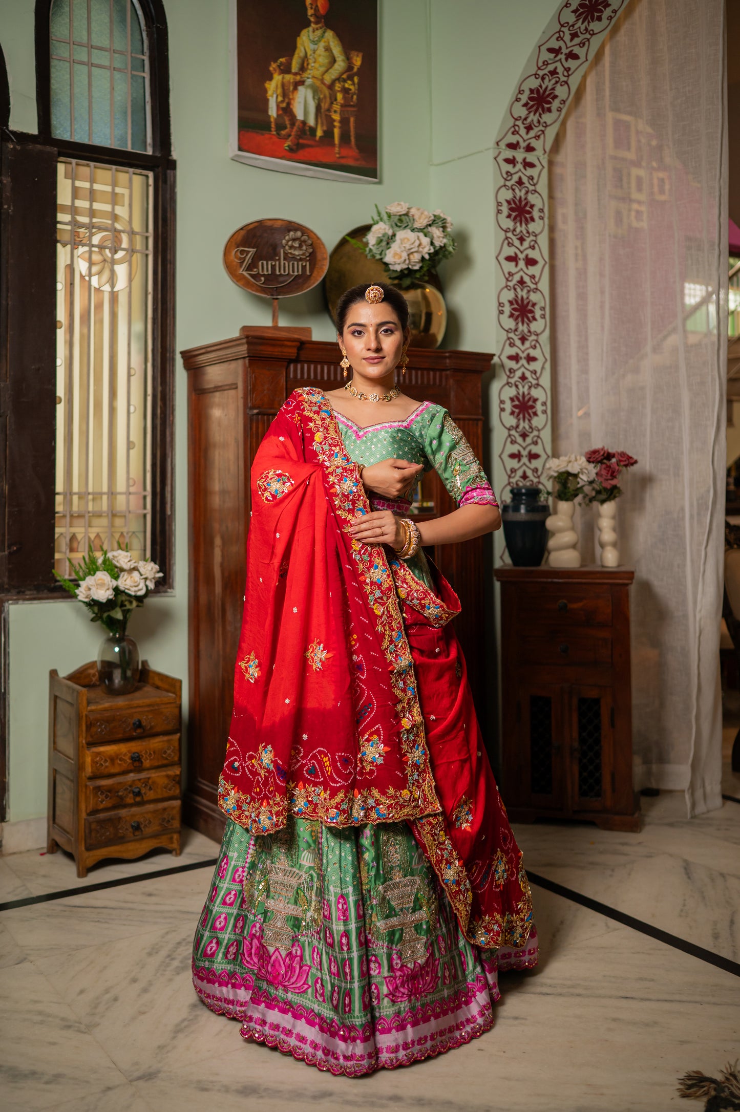 Red Pure Ojariya Bandhej Chunari with Zardozi Gota Patti Thread Sequins Work