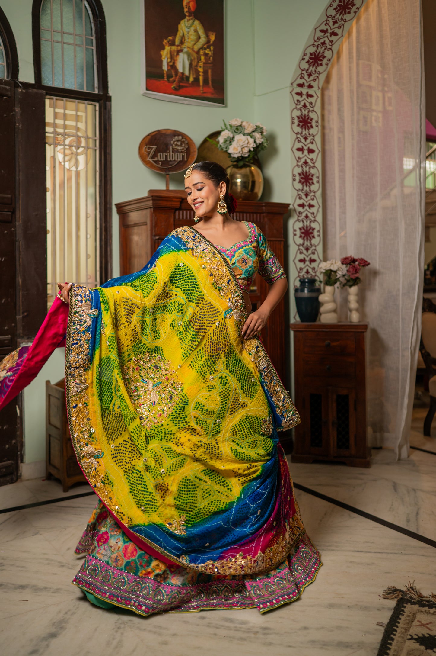 Pink Yellow Sky Blue Multi Pure Ojariya Bandhej Chunari with Zardozi Double Swan Gota Patti Work