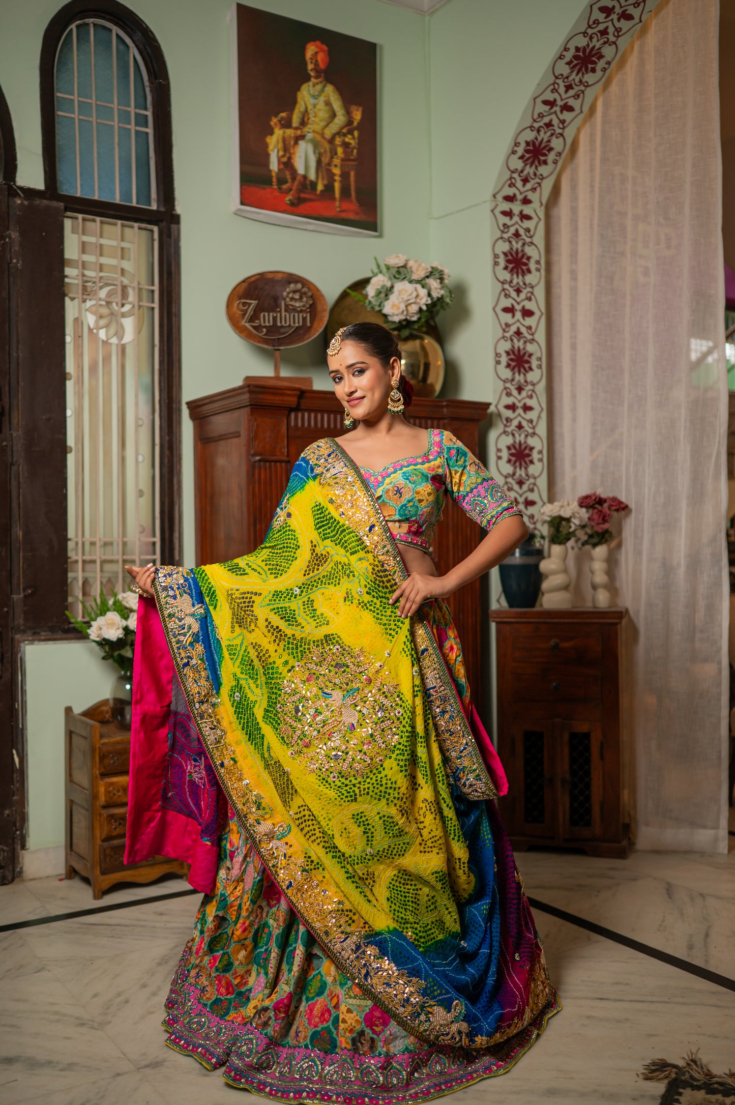 Pink Yellow Sky Blue Multi Pure Ojariya Bandhej Chunari with Zardozi Double Swan Gota Patti Work